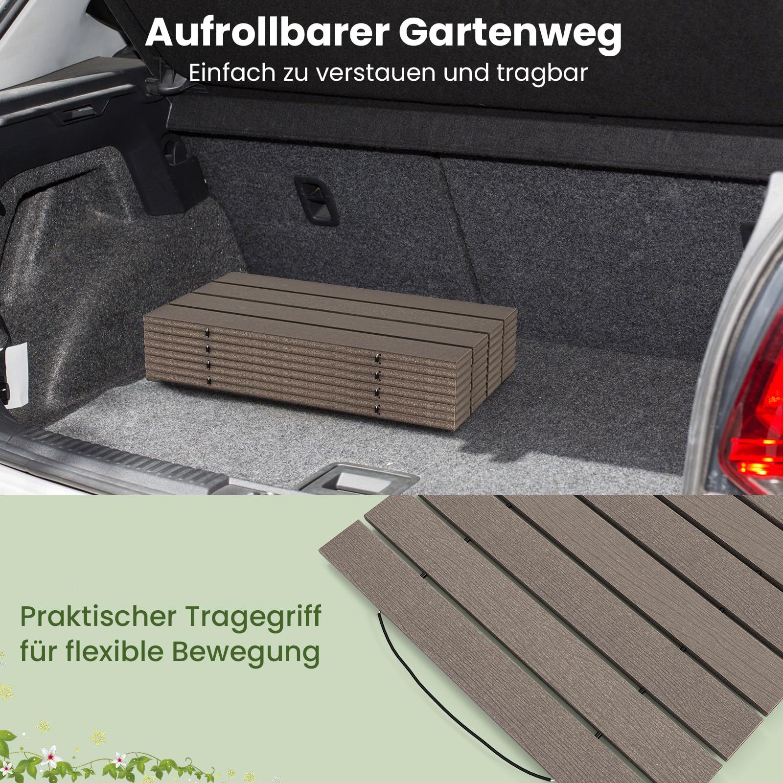 RELAX4LIFE Rollweg wetterfest, Gartenweg aus HDPE, 242 x 55 cm, Gehweg ausrollbar, Gehwegplatte mit Metallverbindung & simulierter Holzmaserung, Trittplatte für Garten, Terrasse, Hochzeit, Party, Grau