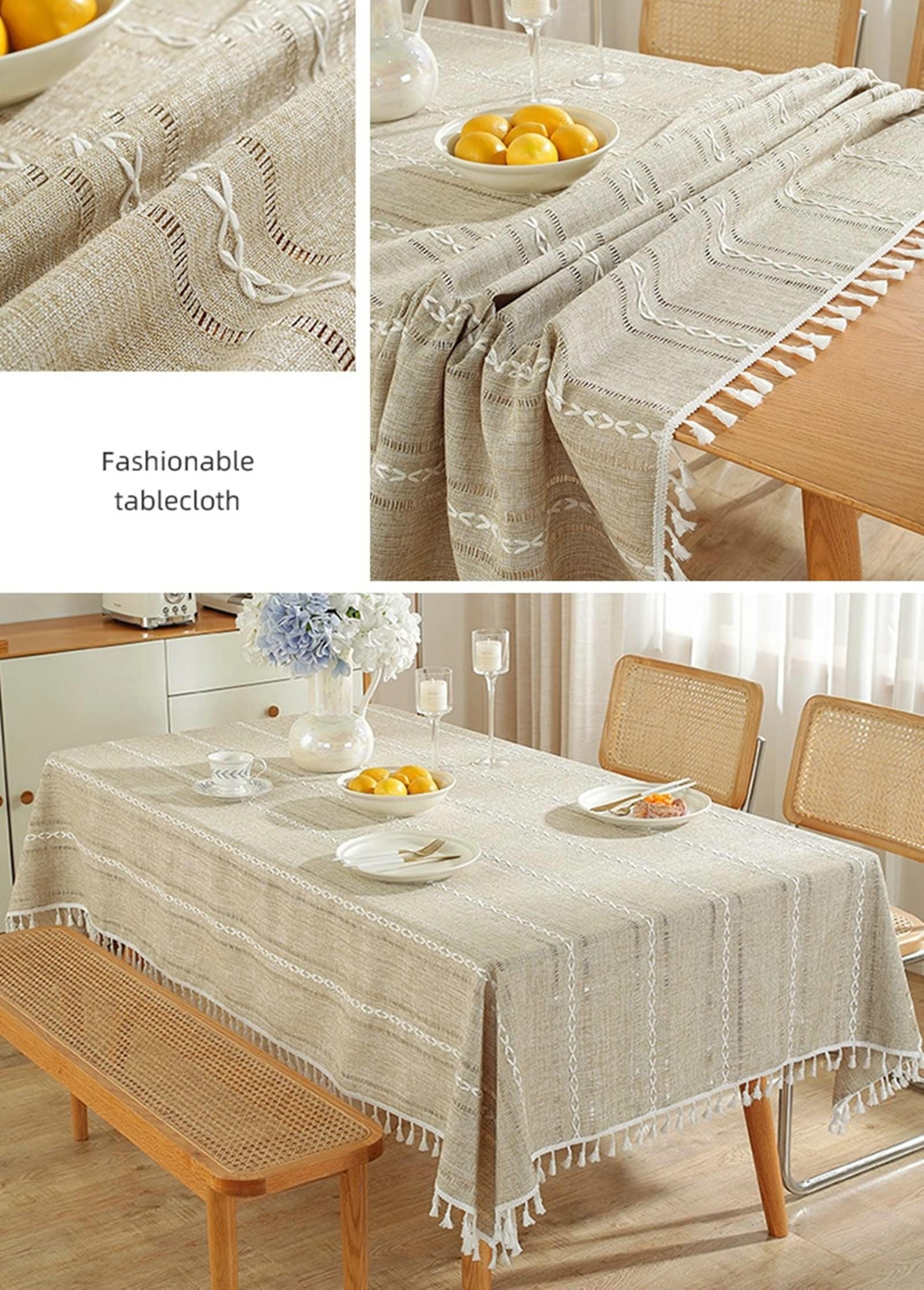 Gualiy Mantel Comedor Cuadrado, Poliéster Mantel de Cocina de Tela 140x240CM Mantel Impermeable Cocina Flores Bordadas a Rayas Manteles para Mesa de Cocina, Caqui