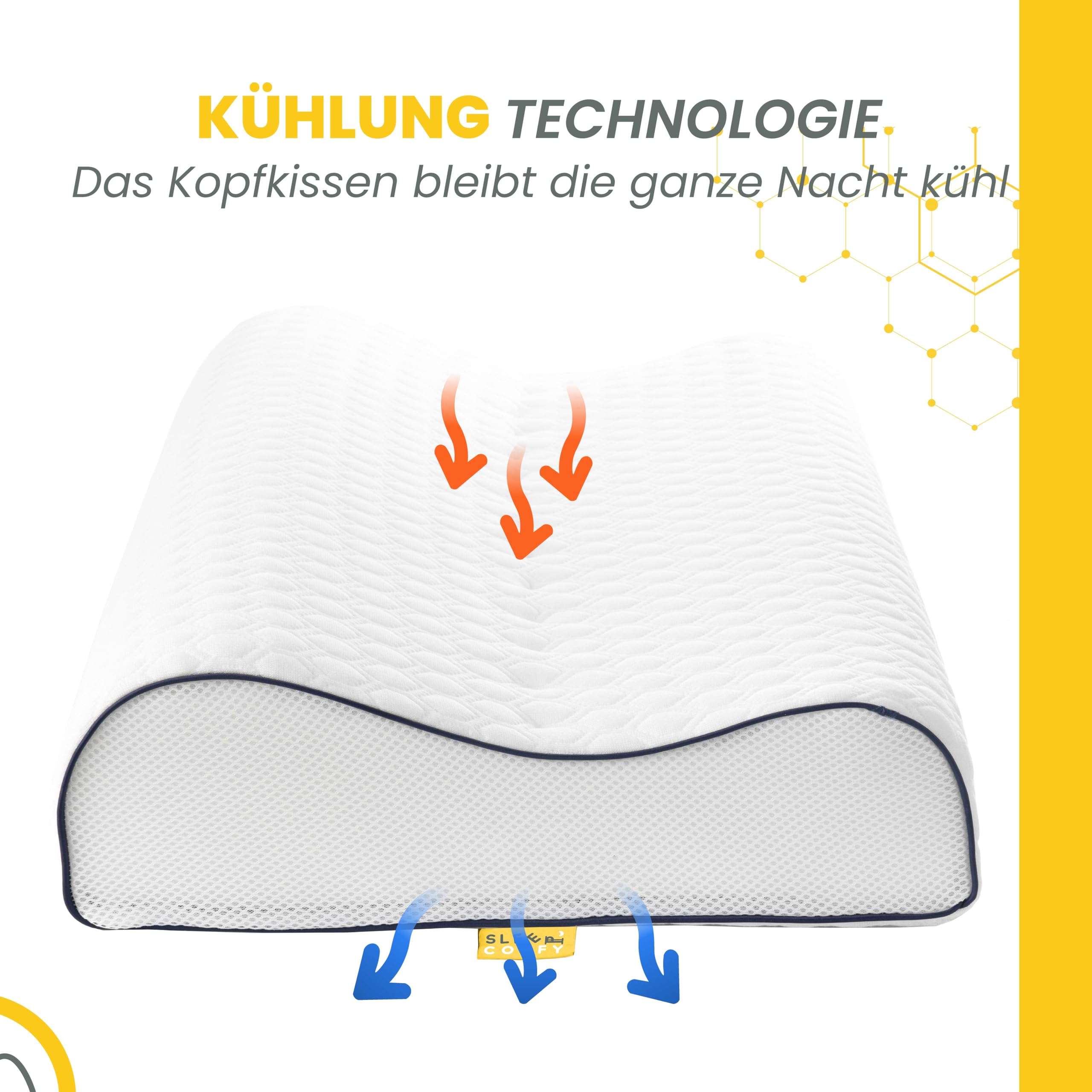 SLEEP COMFY - Premium Visco HWS Nackenkissen, 60x40x14/12cm, Kopfkissen mit Bezug, Nackenstützkissen Memory Foam Ergonomisches, Orthopädisches Kissen Seitenschläfer und Rückenschläfer, Antischnarchen