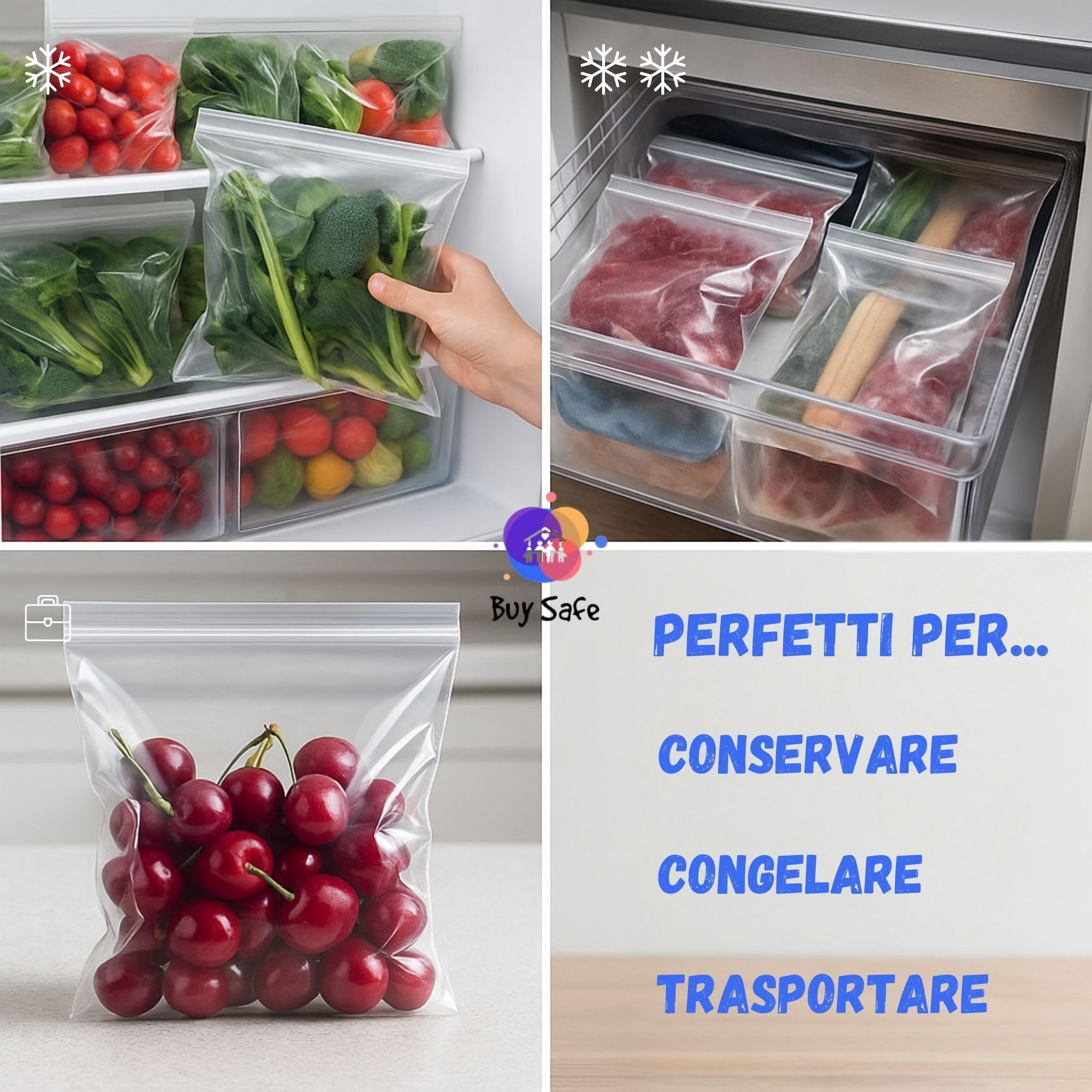 BUY SAFE - Sacchetti Plastica Richiudibili, Sacchetti Ermetici per Alimenti, Vestiti e Oggetti con Chiusura a Cerniera, Buste Trasparenti Richiudibili Resistenti e Riutilizzabili, 30x40-100 Pz