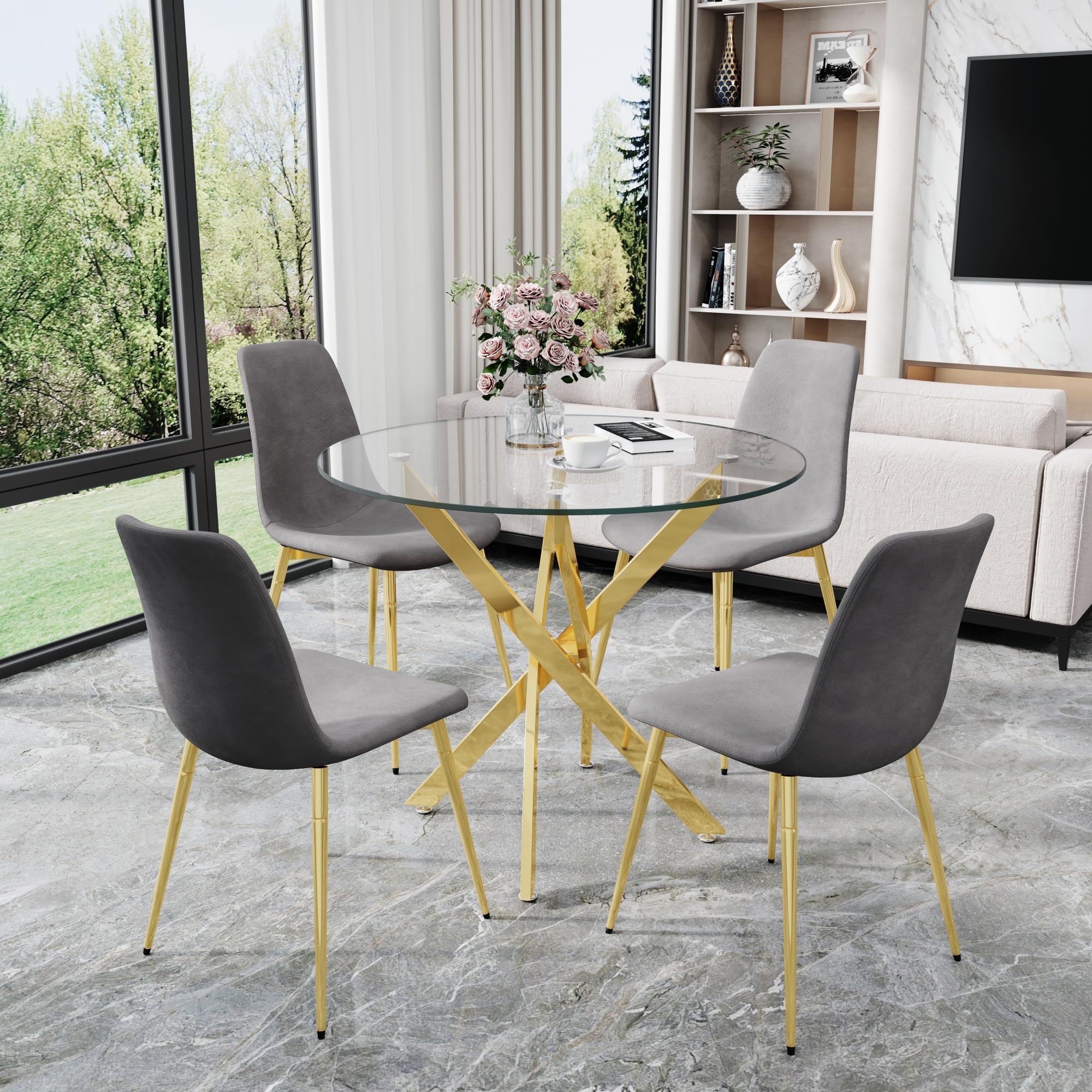 AF ARTISAN FURNITURE 36" Round Glass Dining Table Set for 4, 5-Piece Modern Kitchen Table with 4 Grey Velvet Chairs, Modern Circle Leisure Table for