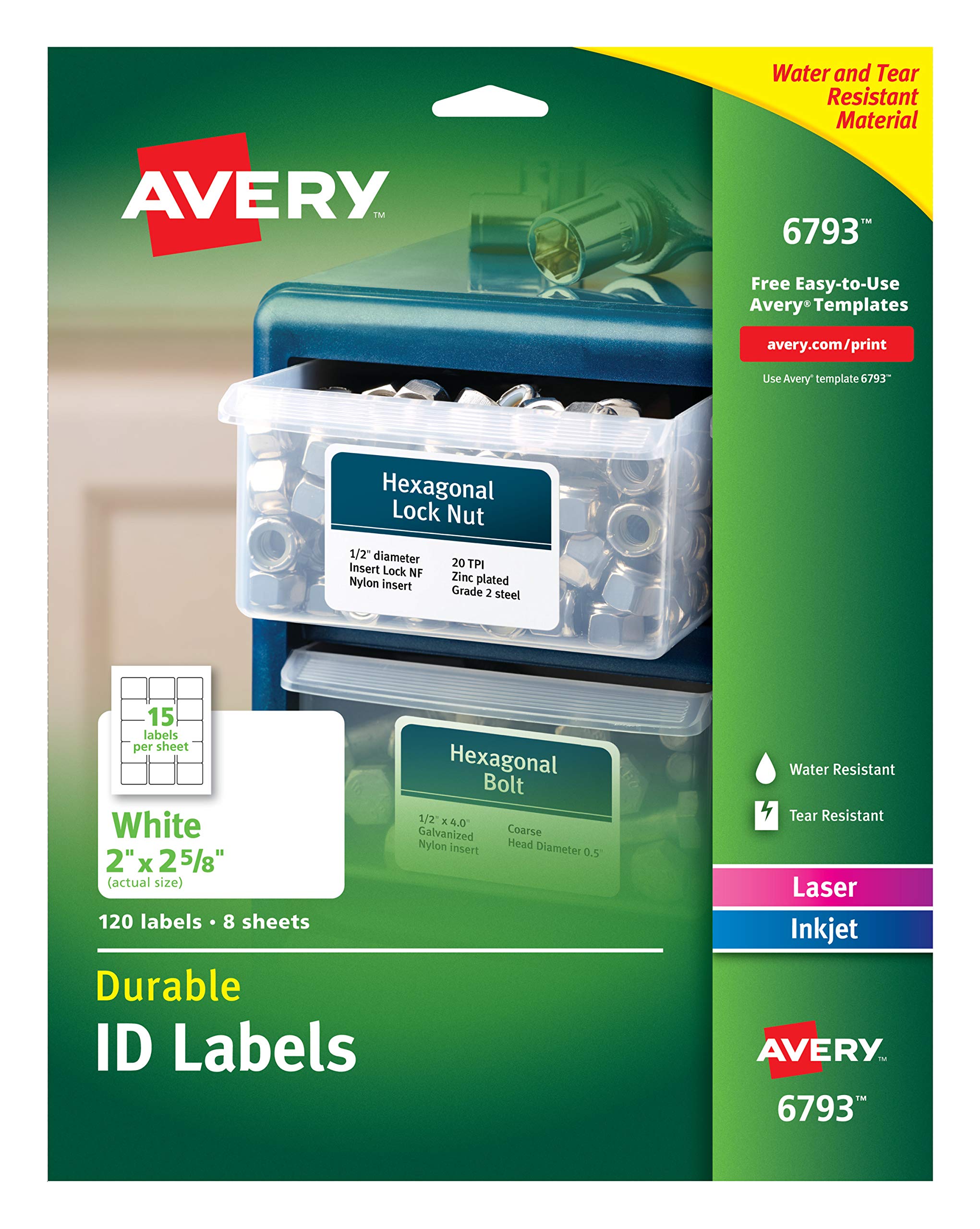 AveryDurable ID Labels, Permanent Adhesive, 2 x 2-5/8, Pack of 120 (6793), White