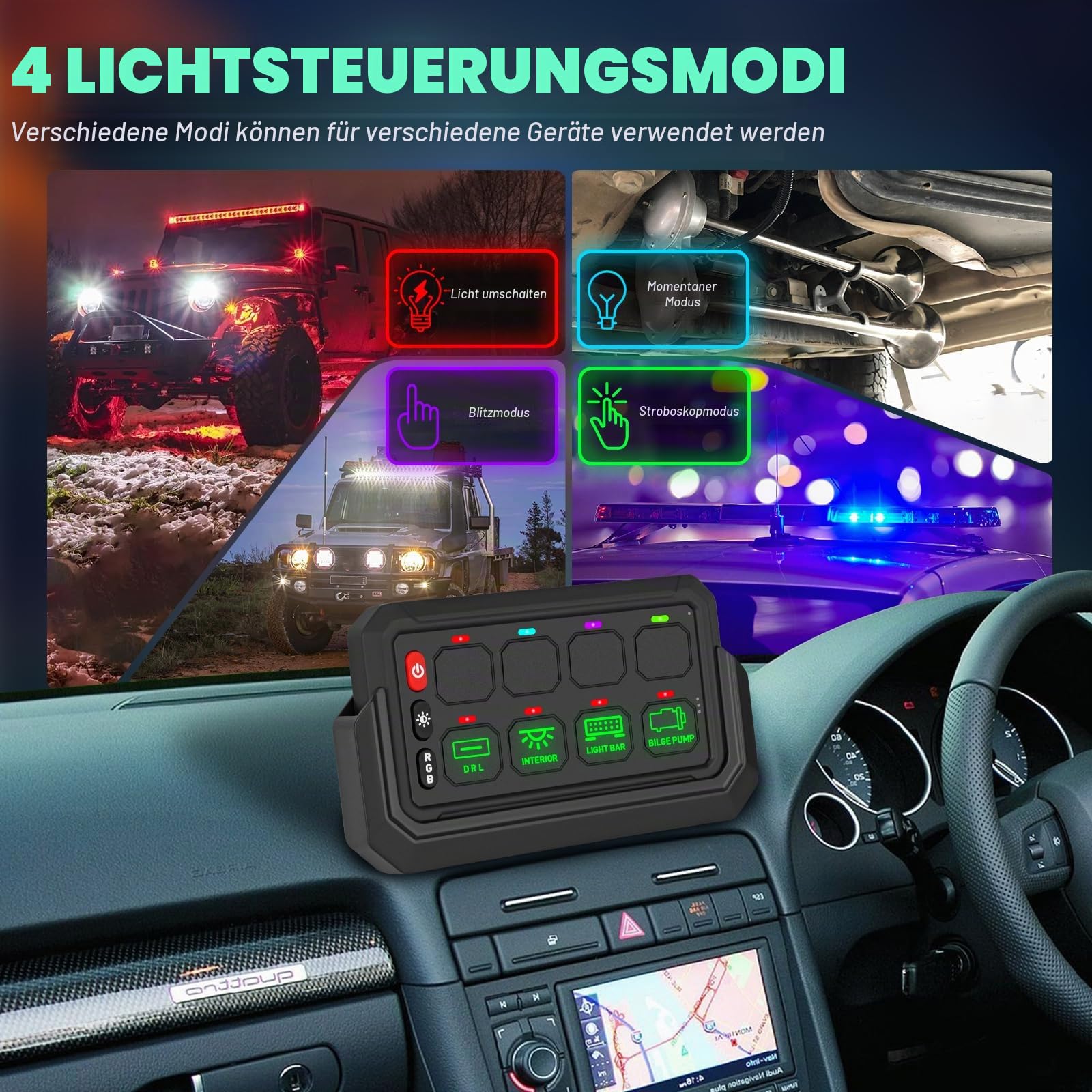 Chelhead 8 Gang Kabelloses Schaltpanel Kit Steuerung bis zu 81m 12-24V | Schaltkreissteuerung Relais-Systembox Multifunktions-Schaltpanel 4 Lichtsteuerungsmodi kompatibel mit Marine ATV UTV SUV Boot