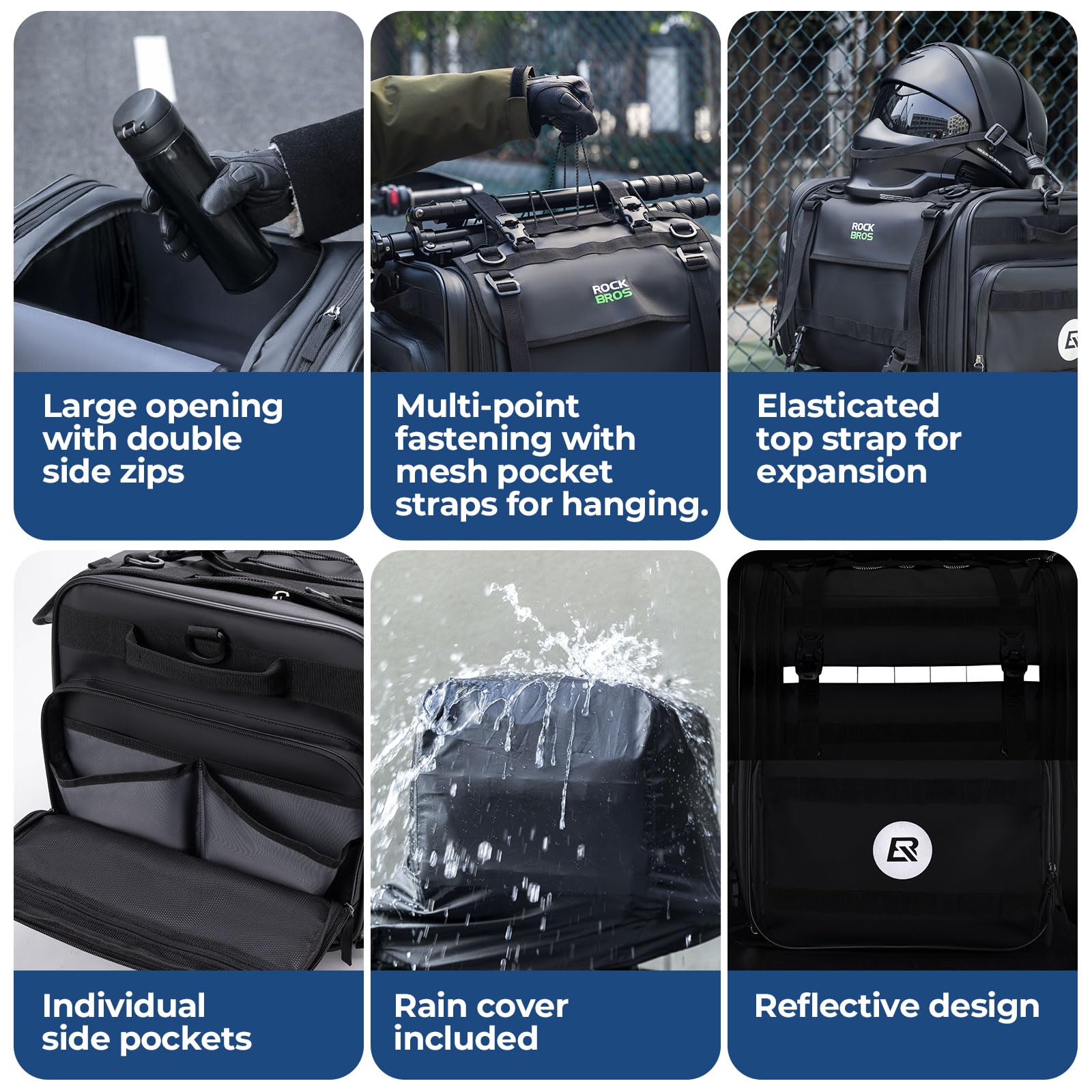 ROCKBROS Borsa Moto Posteriore, Borsa da Sella Moto Impermeabile, Grande Capacità Espandibile 43-50L, Bauletto Moto con Copertura Antipioggia in Regalo, Accessori da Moto e da Scooter