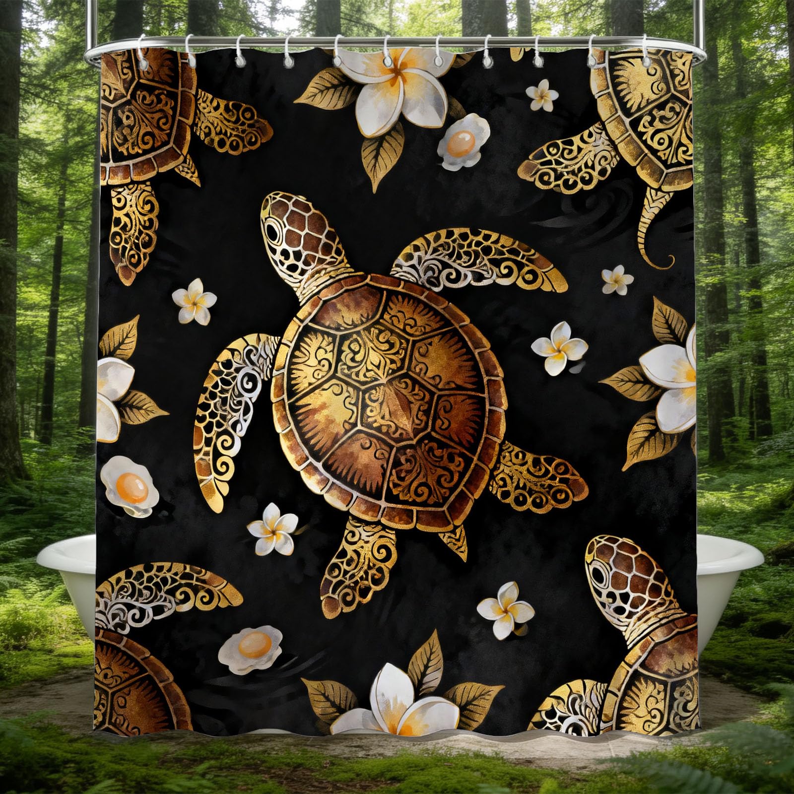 Hongduo White 3D Golden Turtle Shower Curtain For Stalls Bathtubs Frangipani Bathroom Decor Shower Curtain Set Polyester Fabric Waterproof 180X180cm/71X71 Inch With Hooks