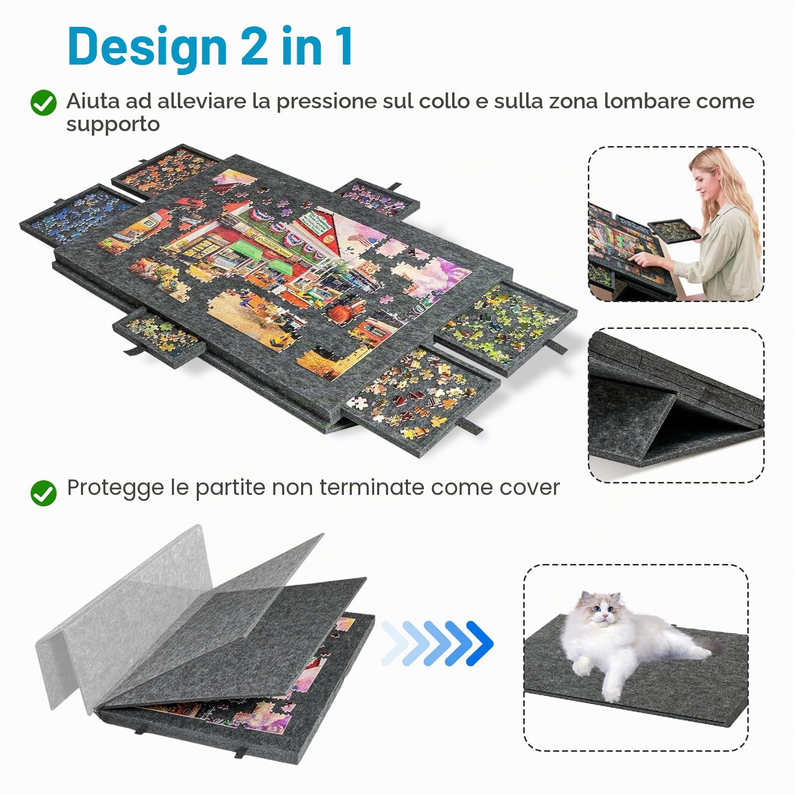 Tavola Pieghevole per Puzzle con Supporto e Copertina 2 in 1, Tavolo Inclinabile per Puzzle con 6 Cassetti per Fino a 1000 Pezzi, Tavola per Puzzle in Feltro Leggera per Giochi per Adulti e