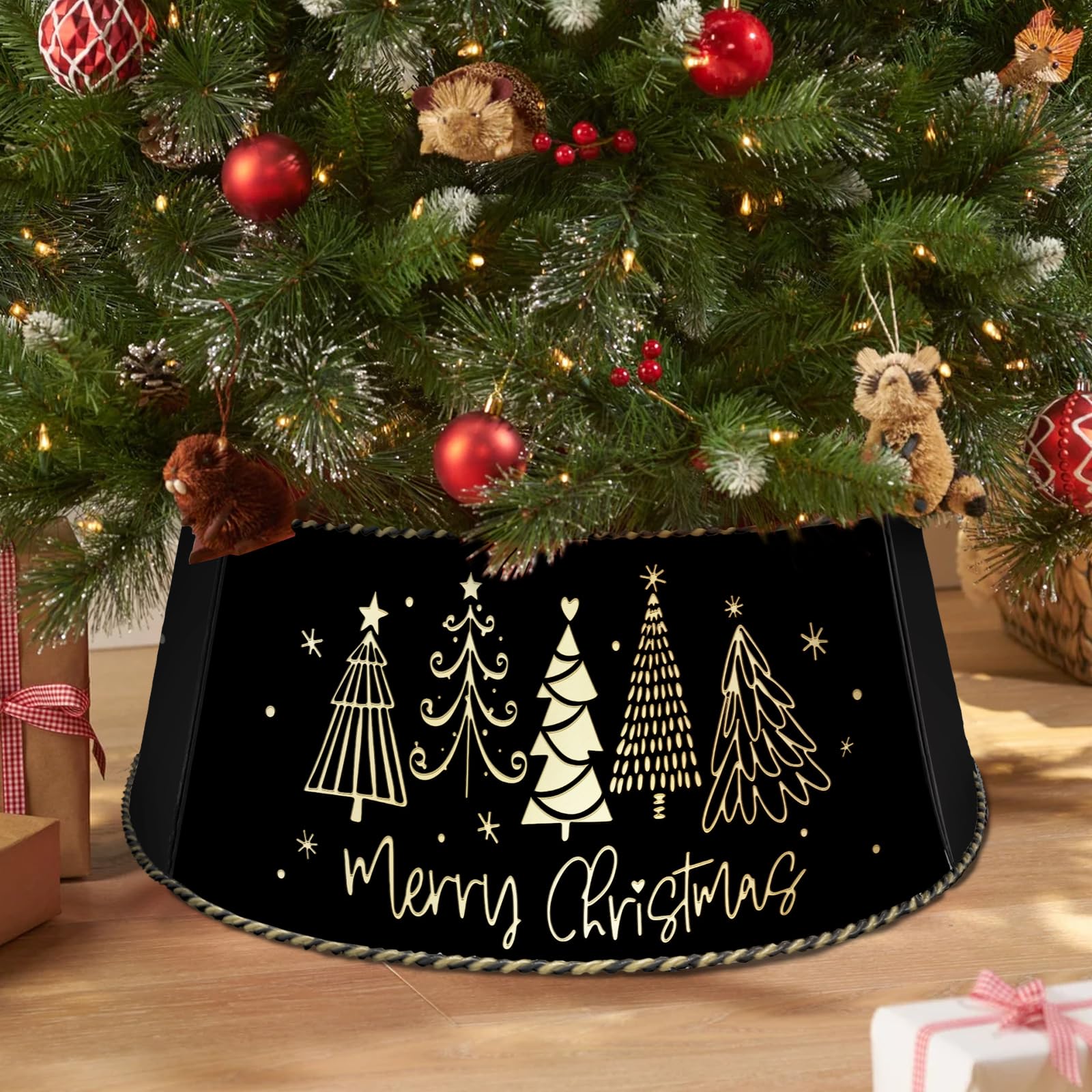 Metal Christmas Tree Collar, Black Gold Pine Tree Ring Holiday Decor 29 Inch Diameter for Large Xmas Tree 7-9 Ft, Winter Golden Artificial Tree Skirt Home Indoor Outdoor Decoration