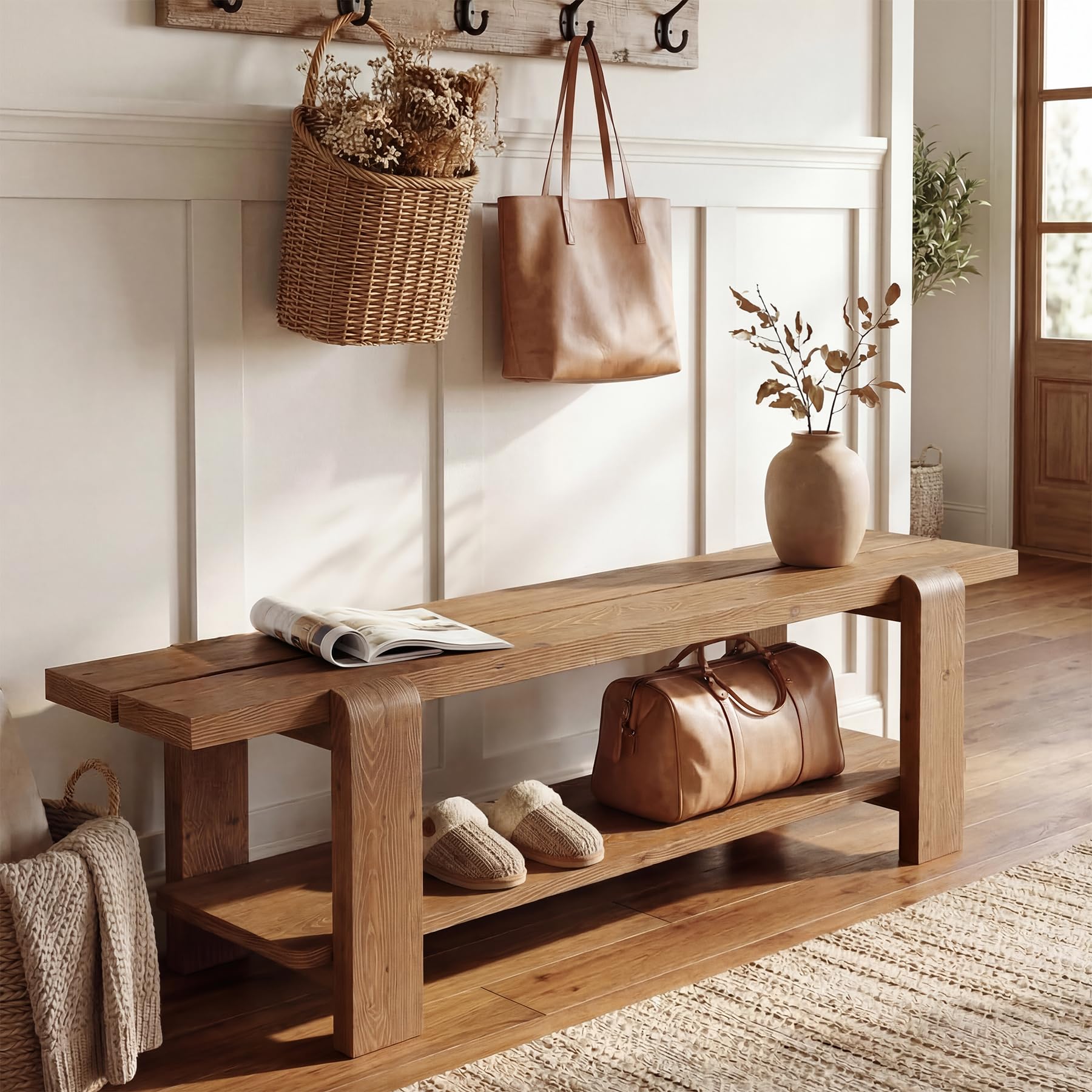 Solid Wood Entryway Bench with Shoe Storage Shelf, 63-Inch Long Farmhouse Entry Shoe Bench, End of Bed Bench for Bedroom, Hallway, Living Room, Mudroom, Rustic Brown