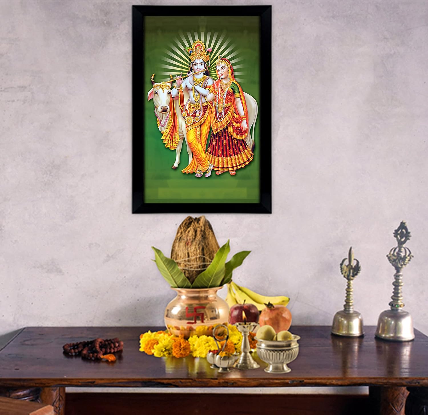 Goddess Radha With Lord Krishna Playing Flute Poster With Frame Religious Picture Photo Frame Wall Decor Frame For Gift Purpose