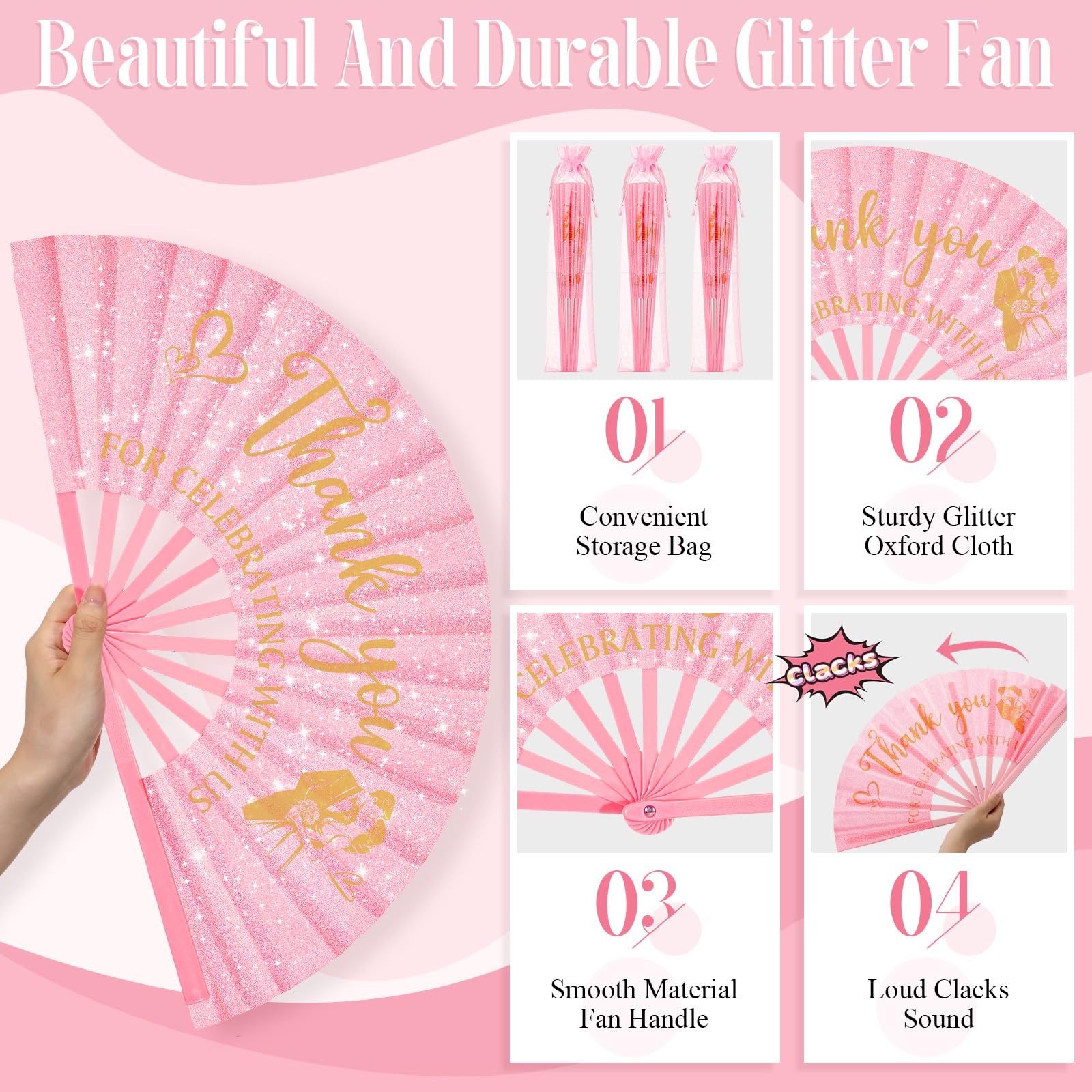 Vercraft 12 Sets Large Wedding Glitter Foldable Fans Bulk Wedding Festival Handheld Fans with Organza Bag Thanks for Celebrating with Us Favors for Guests Bridal Shower Wedding Dancing Party(Pink)