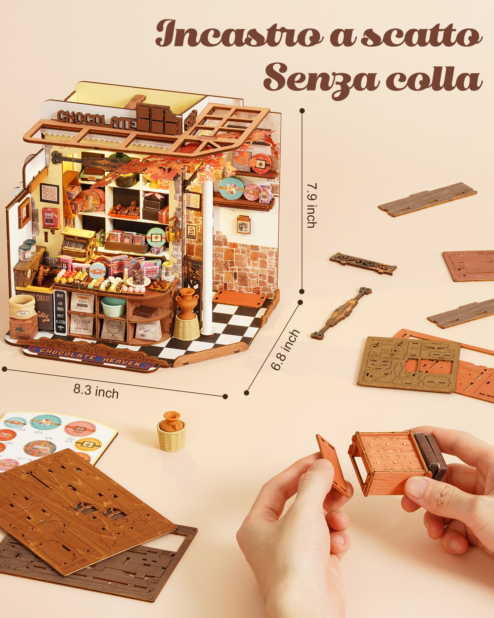 Rolife Miniature Casa Cioccolateria di Henry, 330 pezzi Kit Casa in Miniatura DIY, Modellismo da Costruire Adulti Casa delle Bambole in Legno Puzzle 3D per Adolescenti Nessun collante necessario