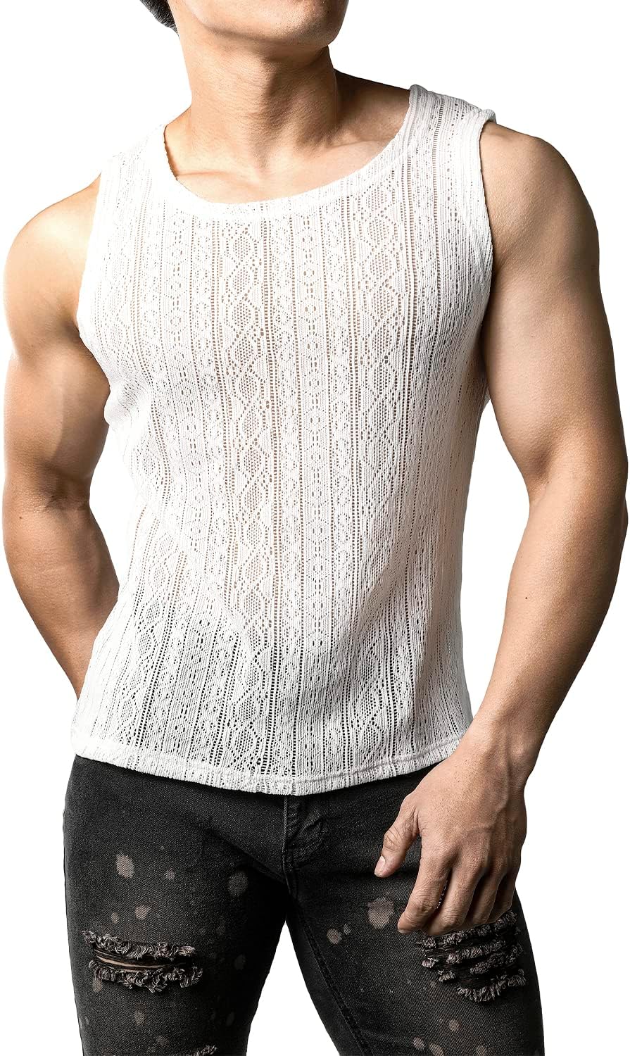 JOGAL Mens See Through Lace Shirts Sleeveless Muscle Tops - Image 3