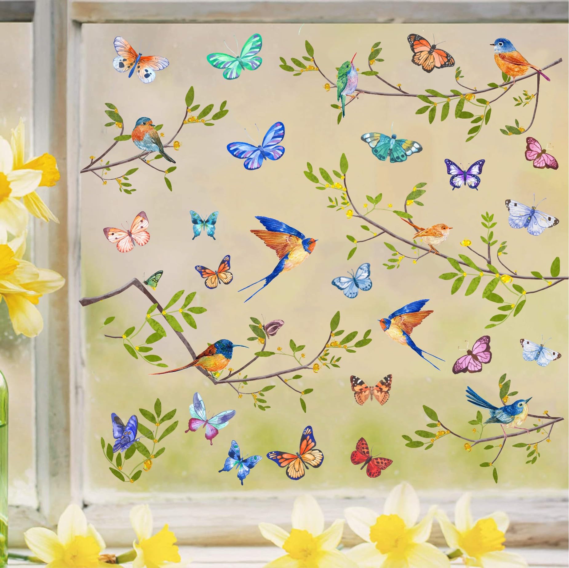 KAIRNE 108 Stück Grüne Blätter Wandtattoo,Modern Wandaufkleber Wohnzimmer,Grüne Pflanze Wandtattoo,Abnehmbar Hängende Rebe Wandbild,Blumen Wandsticker Vogel Aufkleber für Fenster Schlafzimmer Wanddeko