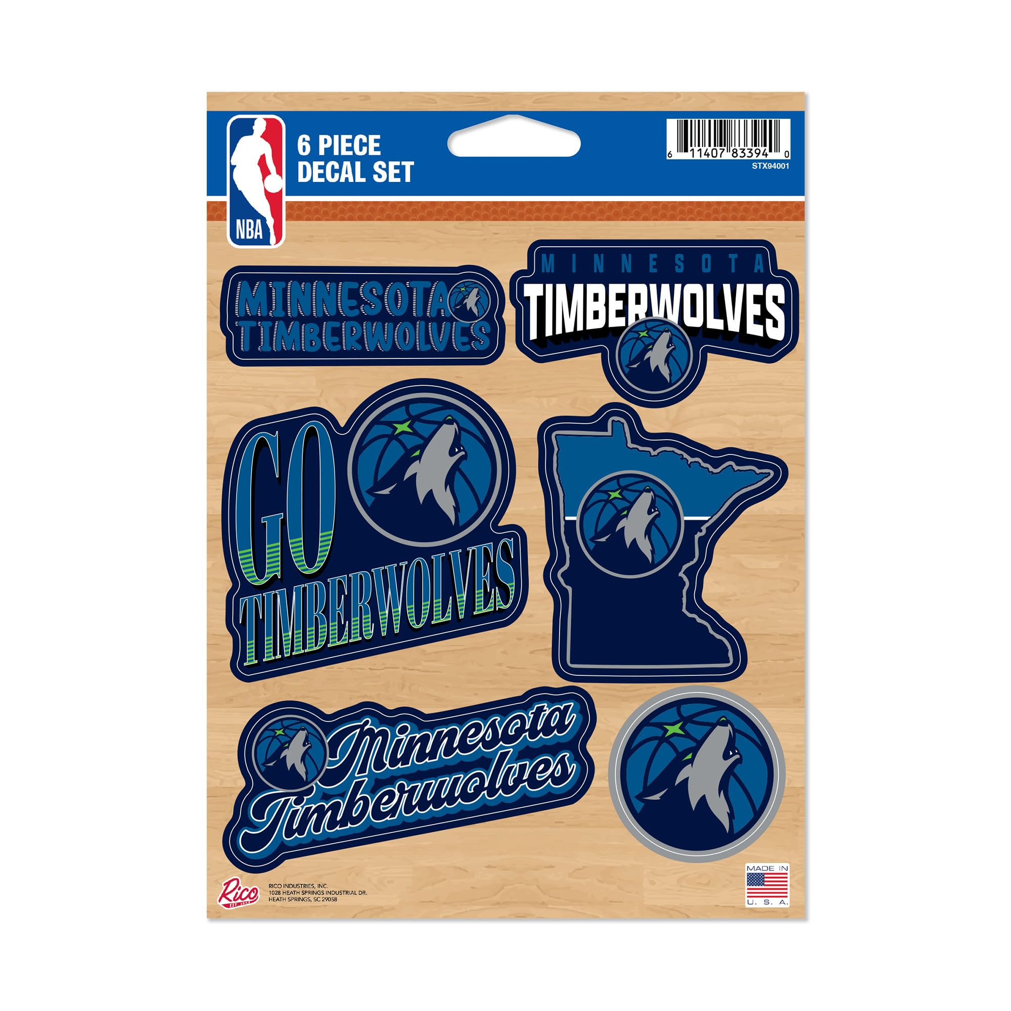 Rico Industries NBA Basketball Minnesota Timberwolves Lot de 6 autocollants