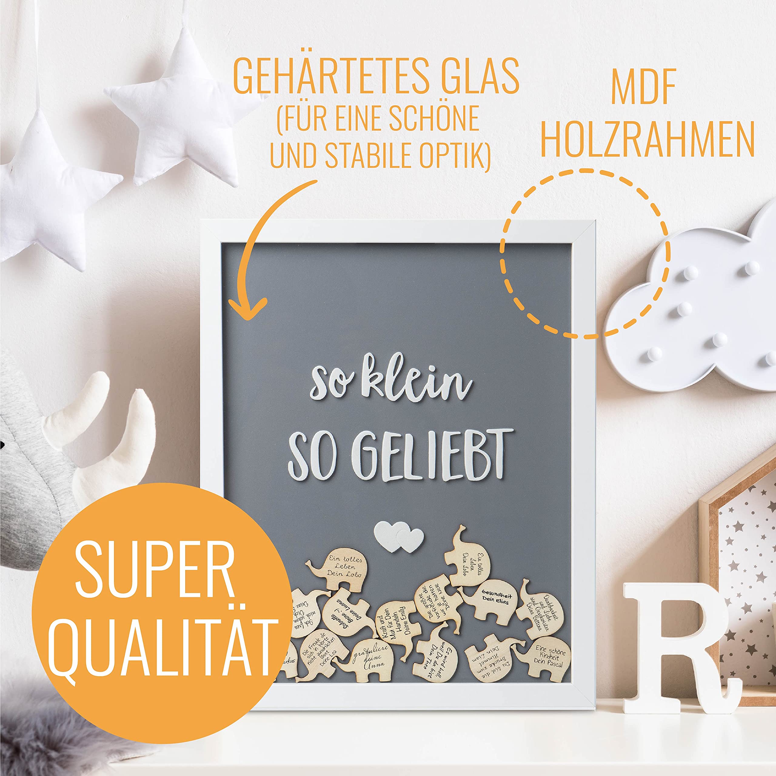 KNECKES Wünsche Bilderrahmen - Babyparty Gästebuch Mit Holz-Elefanten