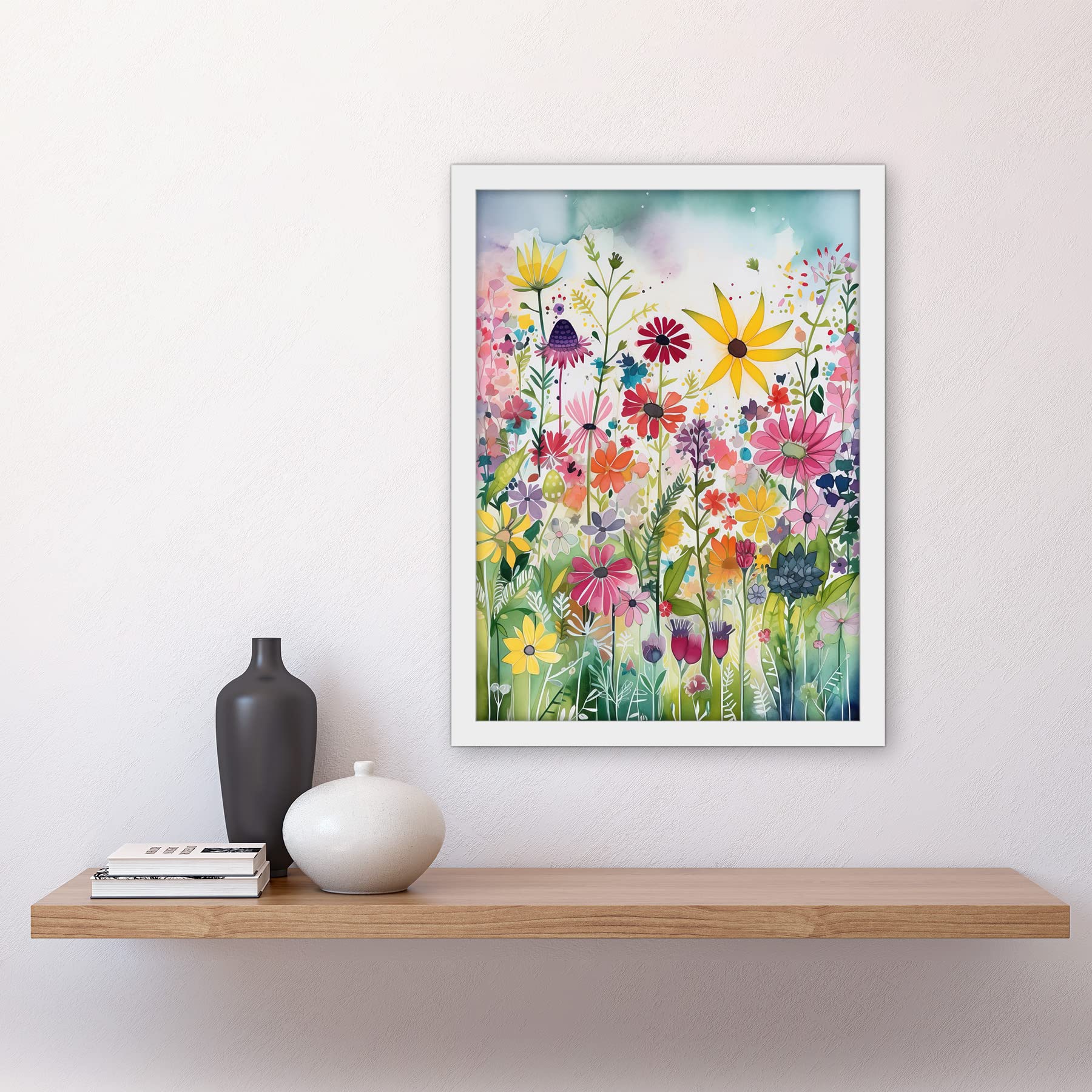 Artery8 Bright Wildflower Floral Blooms Folk Art Artwork Framed A3 Wall Art Print, Framed White A3, 45.5L x 33W cm - Image 2