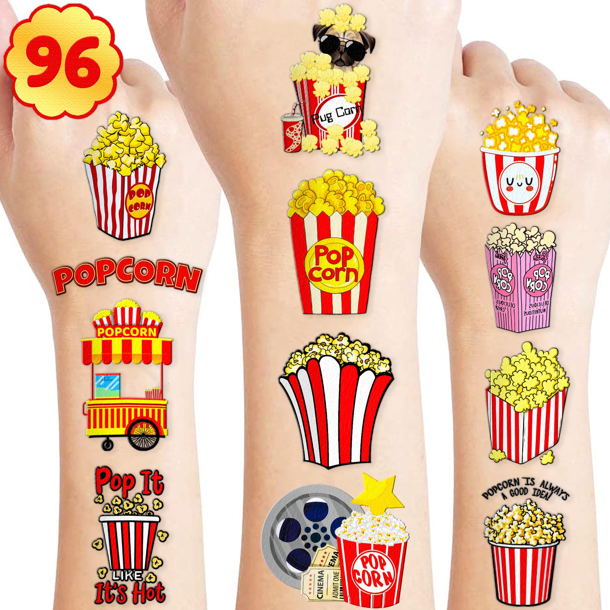 96 PCS Movie Night And Popcorn Corn Temporary Tattoo Stickers Themed Birthday Party Decorations Favors Supplies Decor Cute Cartoon Aesthetic Tattoos Sticker Gifts For Kids Boys Girls Prizes Carnival