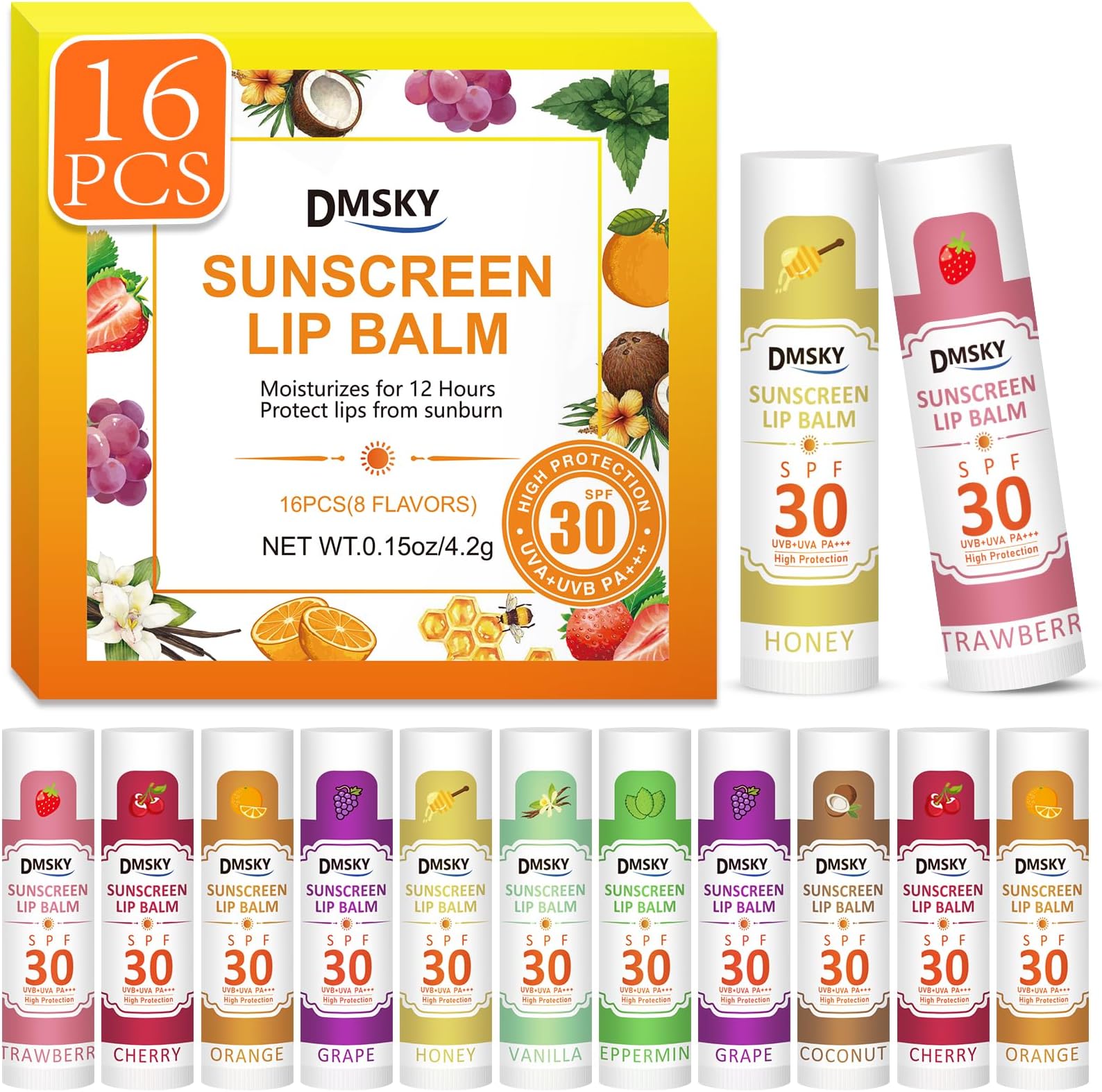 DMSKY SPF 30 Lip Balm 16 Pack, Broad Spectrum Lip Sunscreen No White Cast, Moisturizing Sunblock for Lips with Vitamin E & Coconut Oil - Beach Essentials & Travel Size