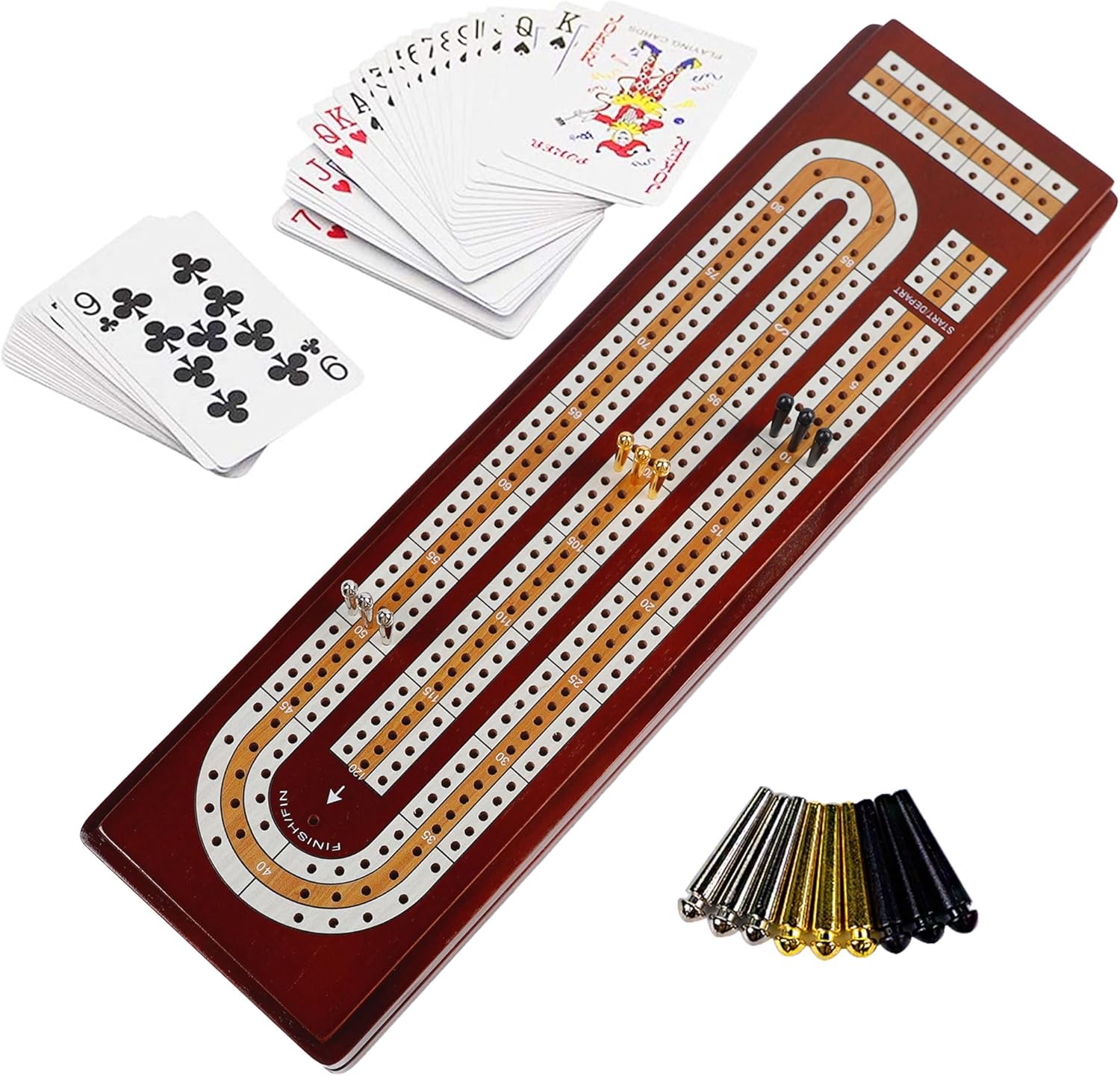 Juegoal Upgrade Wood Cribbage Board Game Set, Solid Wooden Continuous 3 Track Board with Larger Storage Area, 9 Metal Pegs and 2 Decks of Playing Cards, Travel Portable Cribbage Game Sets