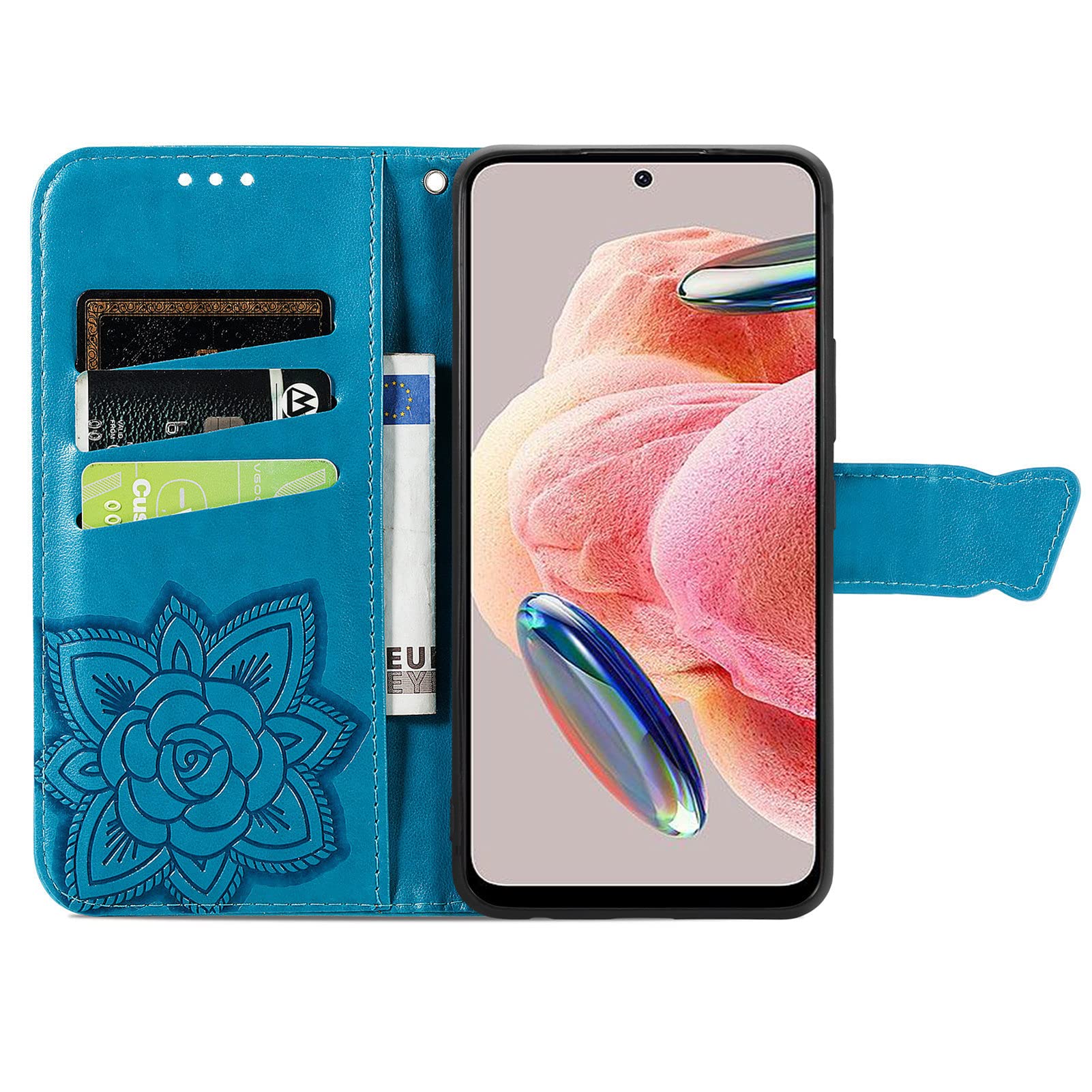 JIUNINE Cover Libro Per Xiaomi Redmi Note 12S, Custodia Portafoglio In Pelle Con Disegno Farfalla 3D, Interno TPU, Supporto E Magnete, Blu - 3