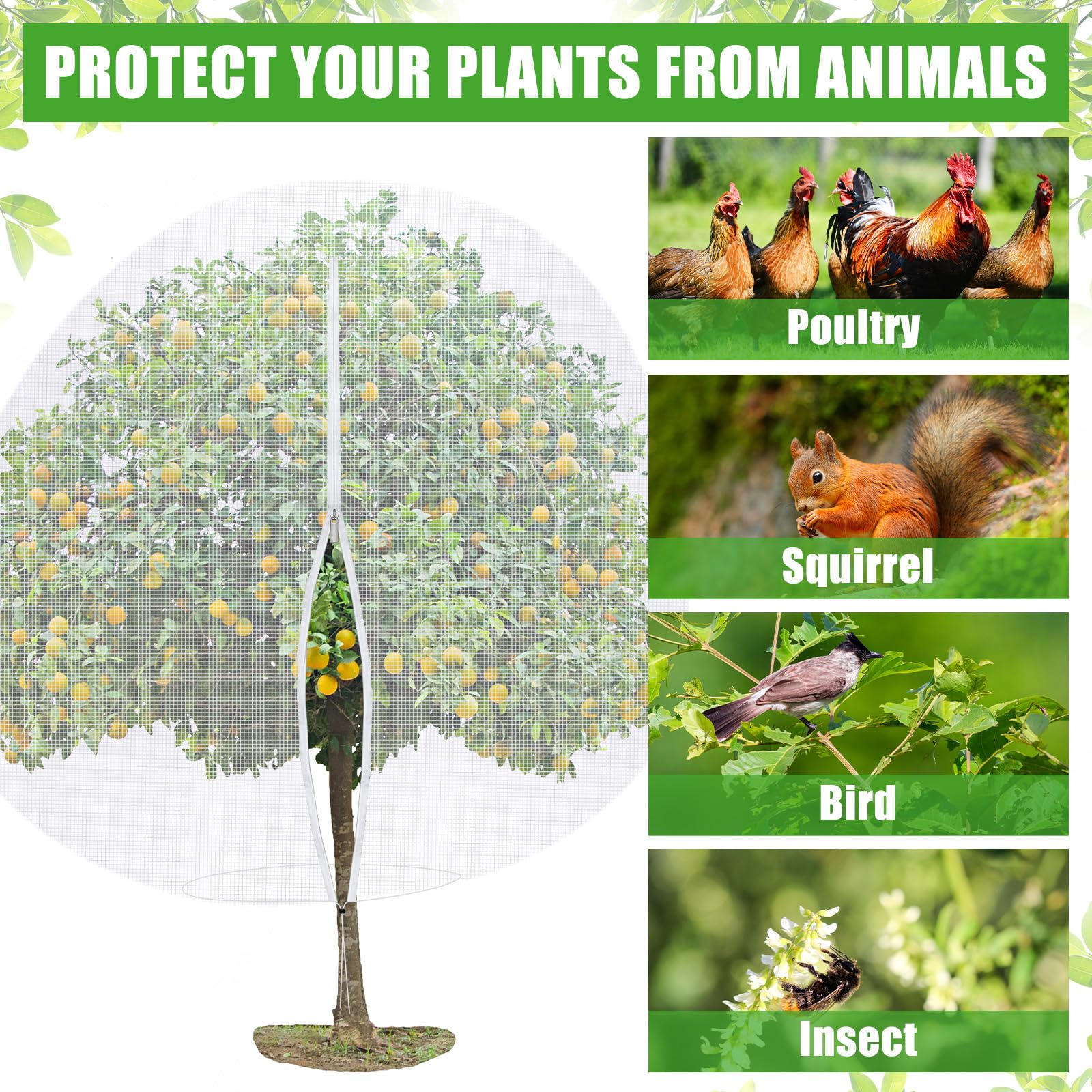 Bolsas grandes de red para árboles frutales de 12 x 12 pies, protector de plantas de jardín con cremallera y cordón, arbustos de arbustos de arándanos, cubiertas de red de malla para
