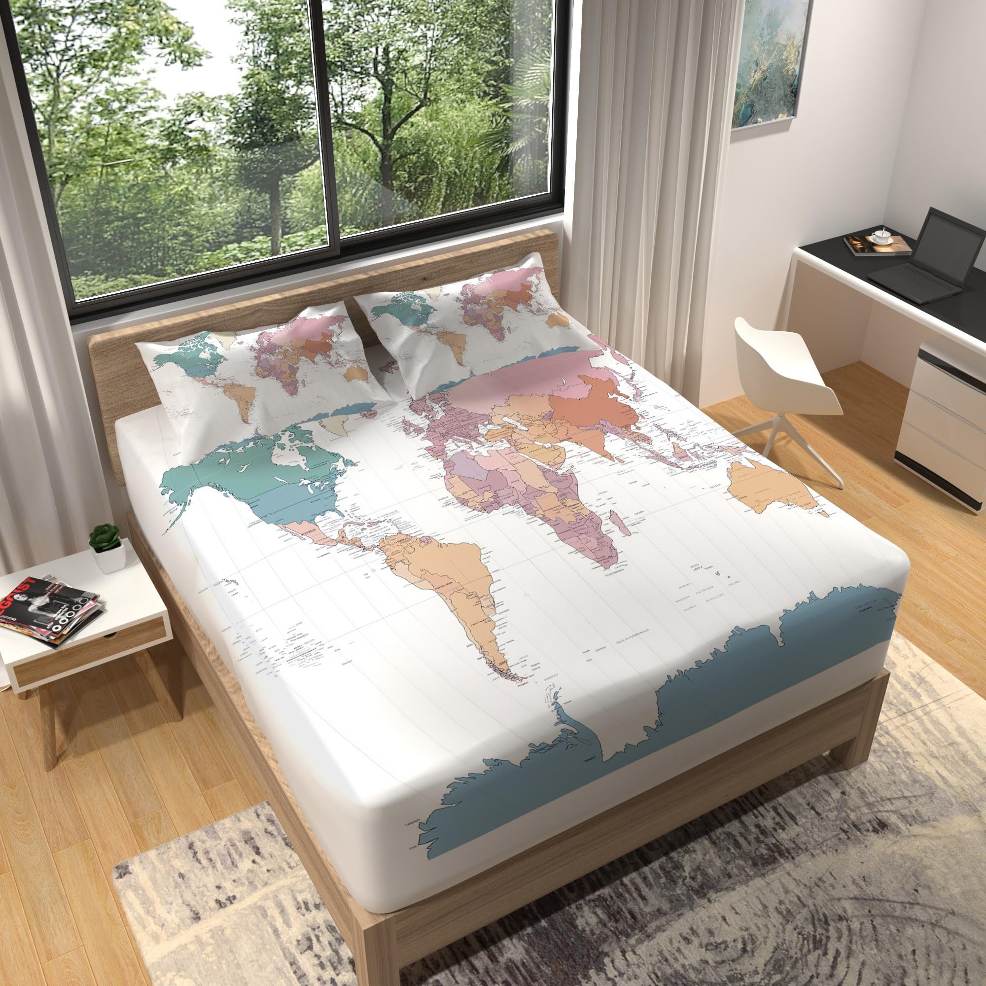 Drap Housse 180 x 240 cm Antidérapants Imprimé Draps Housse Carte du Monde Simple Microfibre brossée Doux Housse Matelas 30 cm Profond, Linge de lit Enfant Adulte Bleu Clair