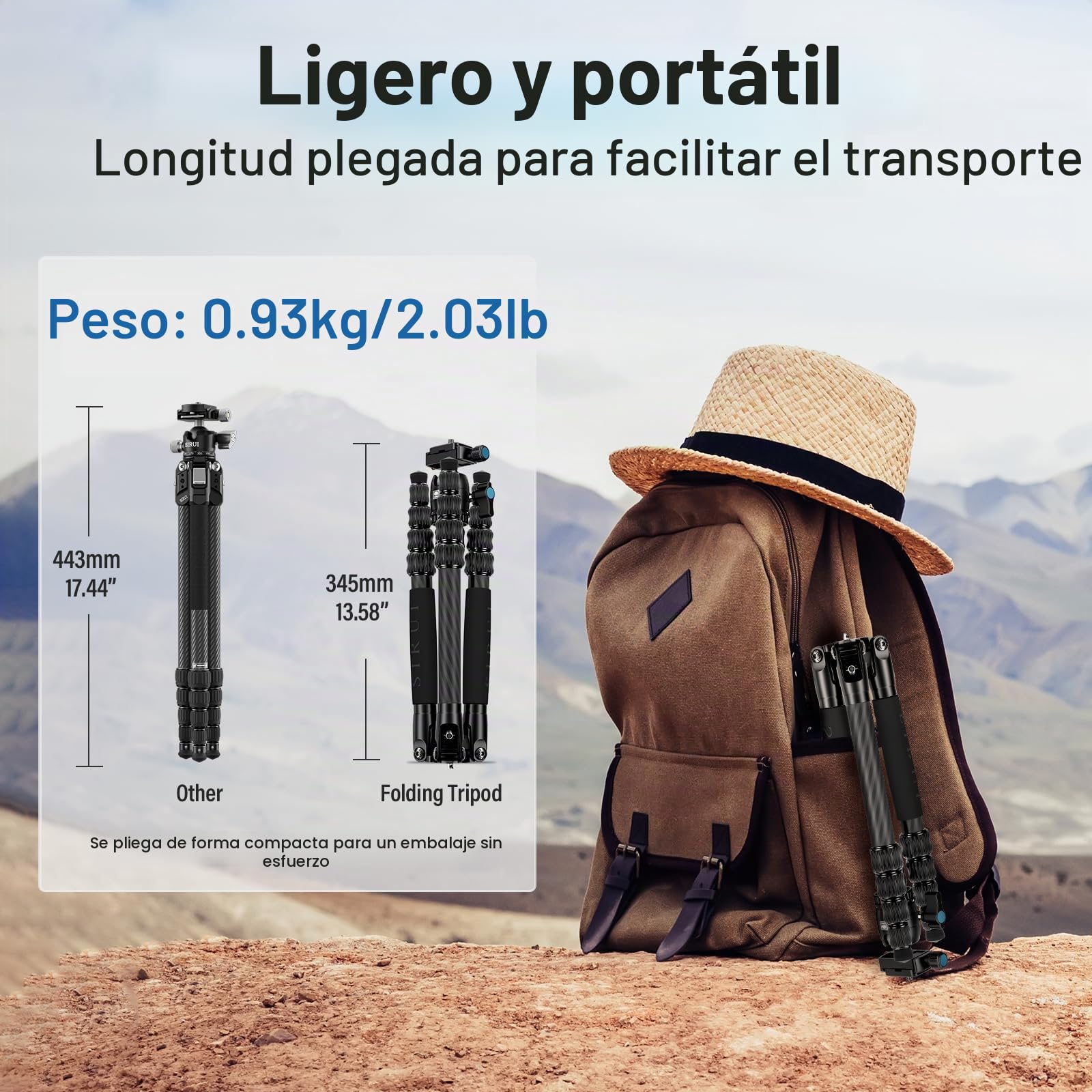 SIRUI Trípode Compacto de Fibra de Carbono de 52pulgadas con Cabeza de Bola y Placa Incorporada para Arca, Solo 0,72kg Carga de hasta 6kg - Traveler 5CX