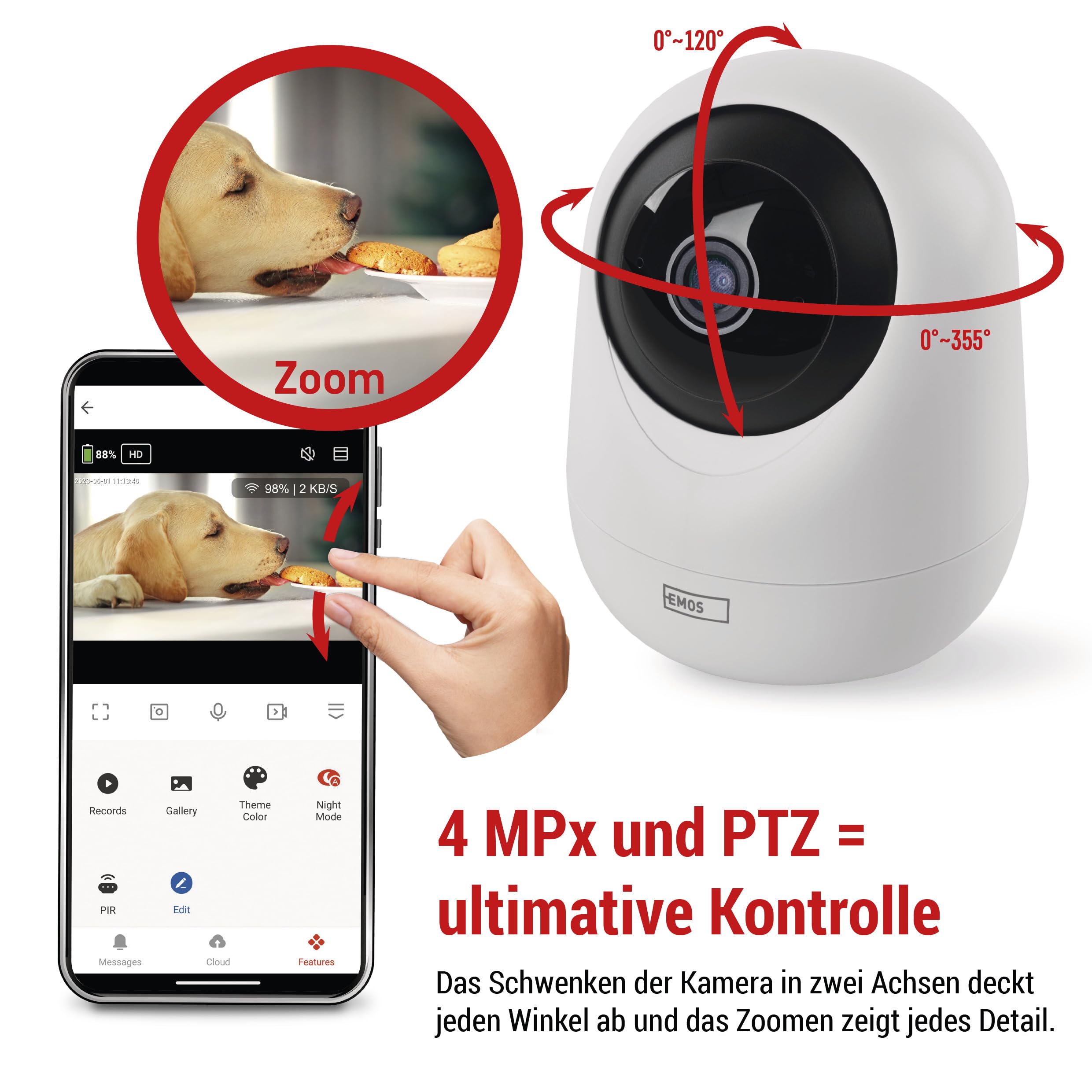 EMOS GoSmart Indoor Überwachungskamera 4MP mit Dual-WiFi und App, Smart Home IP-Kamera mit 2560x1440 Auflösung für Innenbereich, mit Bewegungserkennung und -Tracking, Nachtsicht und Bereicheinstellung