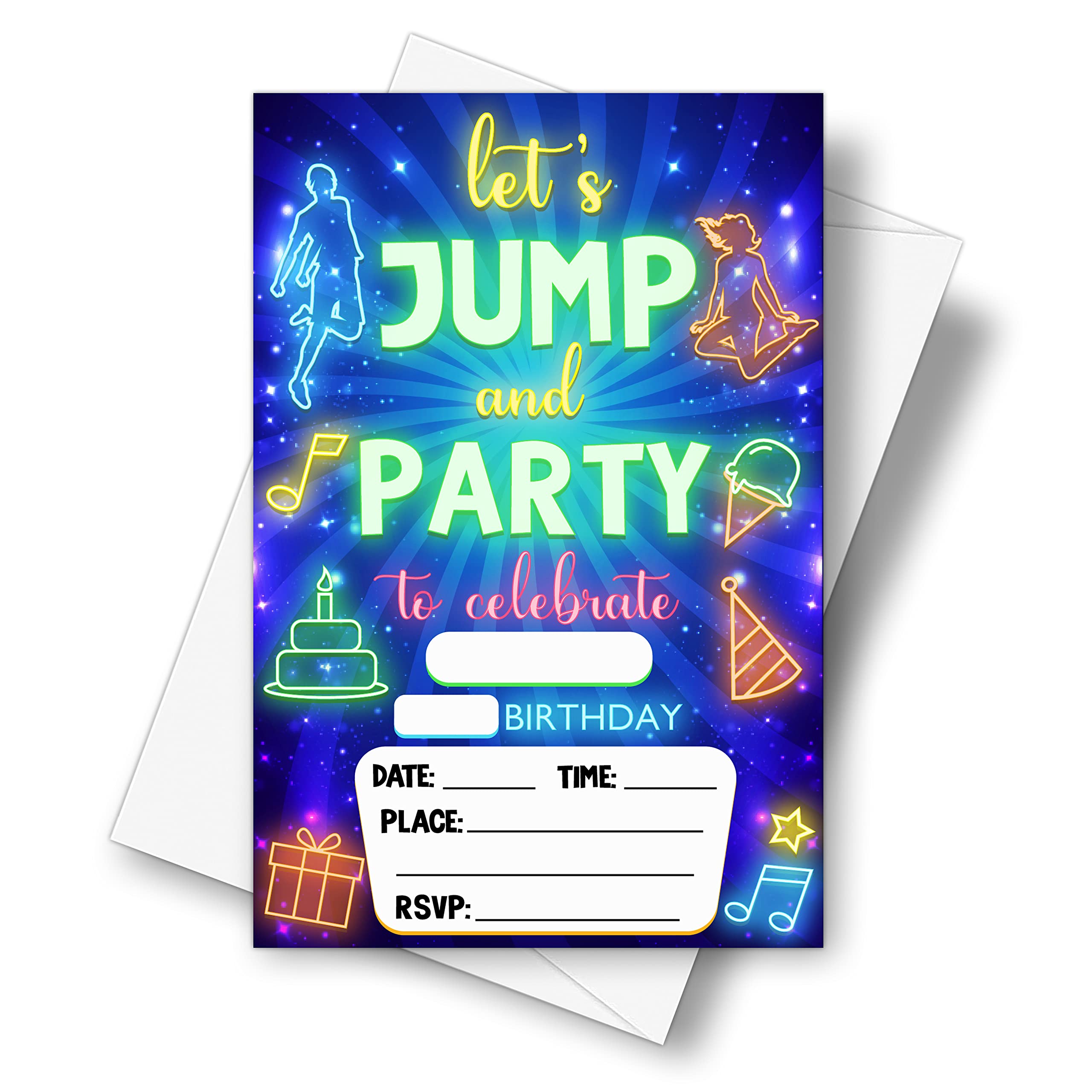 DETIHO 4" x 6" Jump Trampoline Birthday Party Invitation Cards With Envelopes - Let's Jump and Part - Bounce House Party Invitation - 20 Sets - E19