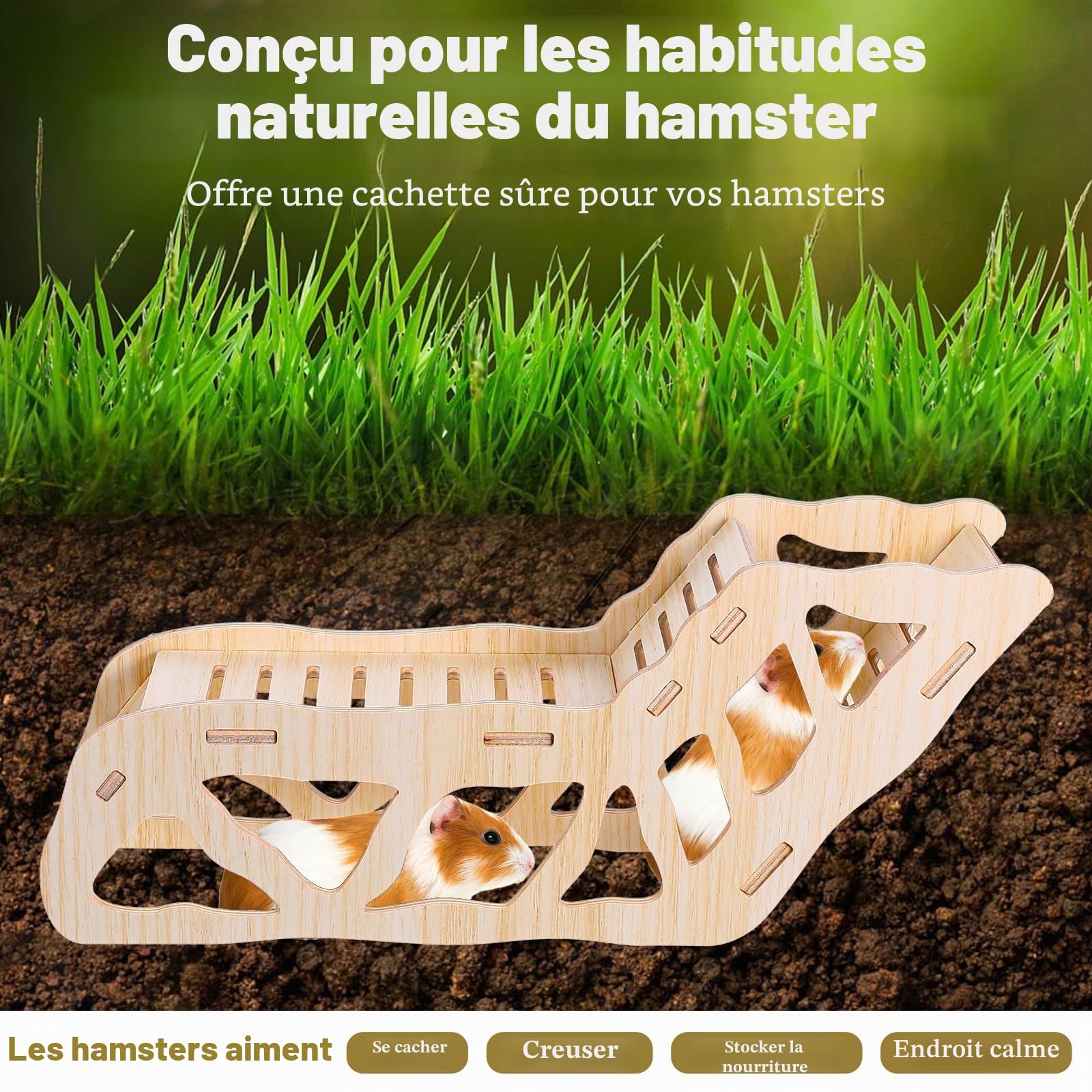 HJZHI Cachette polyvalente pour hamster et tunnel d'exploration, maison de hamster avec échelle d'escalade en bois pour gerbilles, hamsters, petits accessoires pour animaux de compagnie