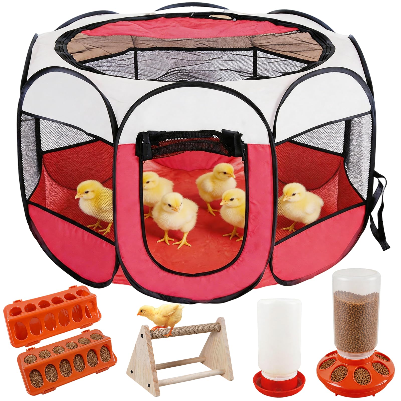 Criadora de Pollitos Caja de Cría Plegable, Kit de Inicio con Bebedero 1000ml Comedero y Percha Corral Gallinero Portátil para Polluelos Patos Conejos y Cachorros