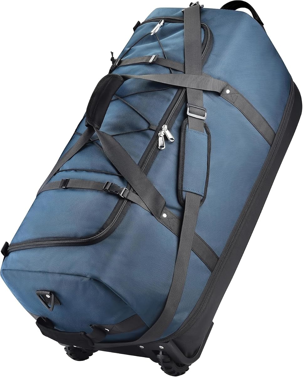 Bolsa de viaje con ruedas, bolsa de viaje plegable expandible de 110 L/140 L con 2 ruedas de goma, equipaje de mano con ruedas plegable de 32 pulgadas con bolsillos y compartimentos (azul oscuro)
