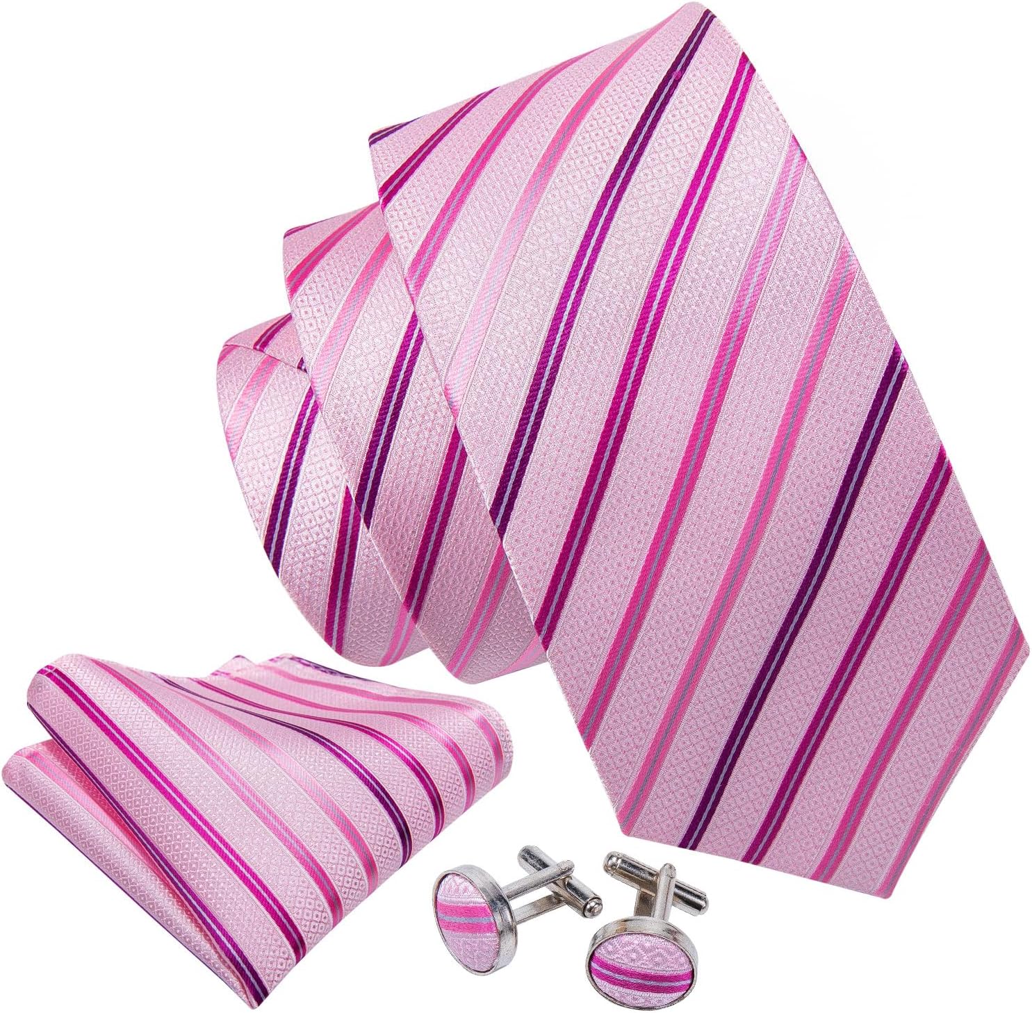 Barry.Wang Tie Sets for Men Silk Stripe Necktie Woven Checkered Handkerchief Cufflinks Formal Business Wedding - Image 2