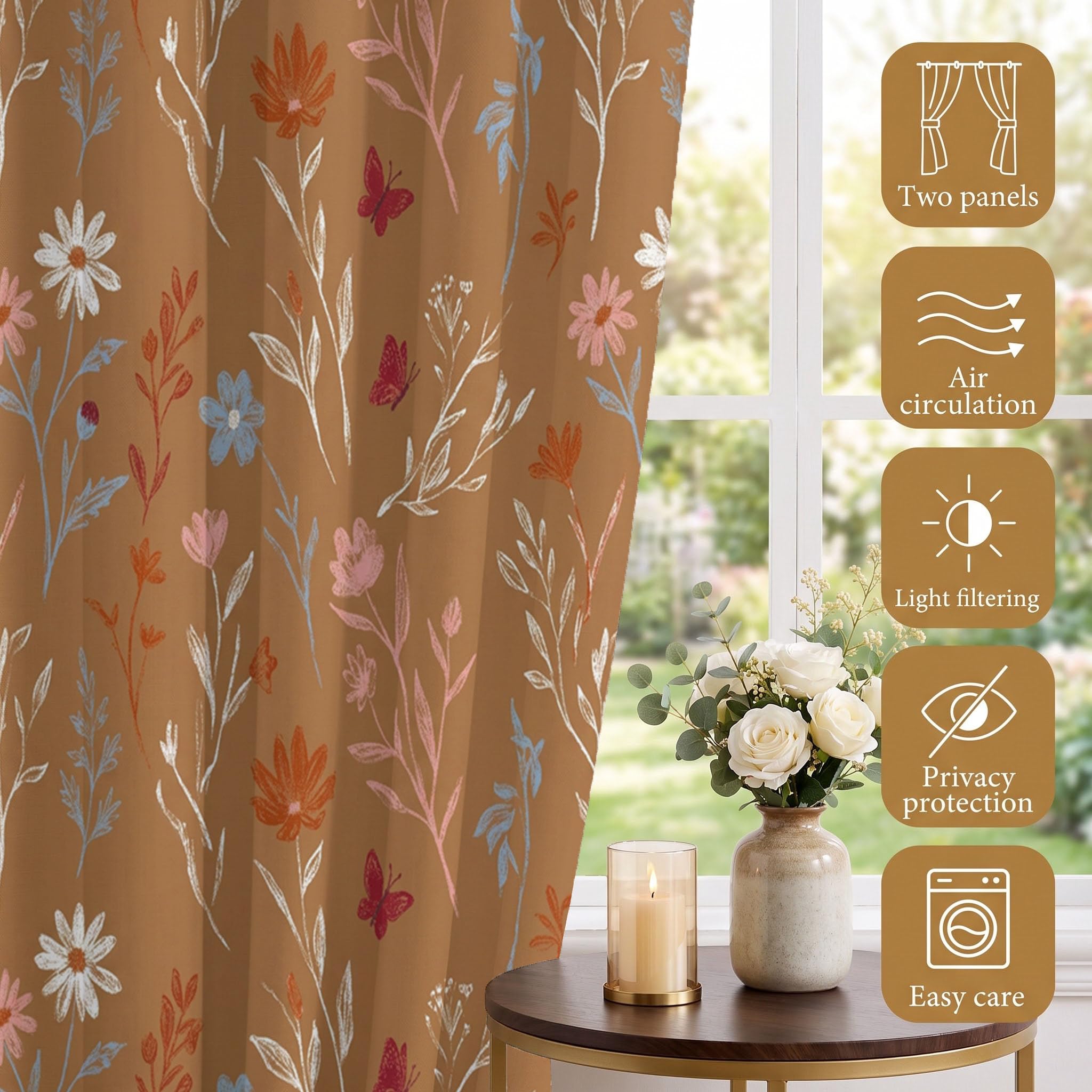 Cortinas Opacas Térmicas Decorativas Estampado Floral Bohemio Retro | Plantas Pintadas Mano Rústico 2 Piezas 140Anx240Al Cm, Cortinas De Privacidad Para Ventanas De Sala De Estar, Marrón Caramelo
