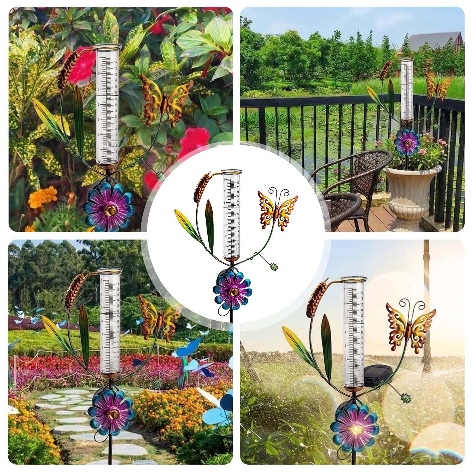 HOSPAOP Solar Regenmesser für Garten mit Erdspieß und LED, Niederschlagsmesser Frostsicher Glas für Rasen, Terrasse, Feldern, Innenhöfen, Gartendeko