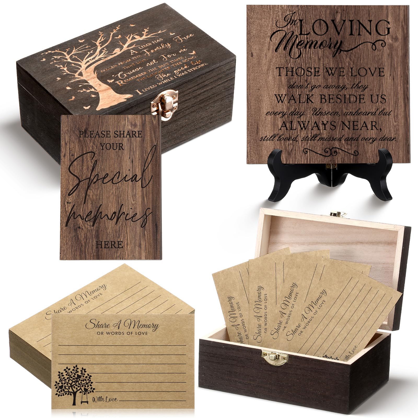 Gerrii Set di 65 biglietti di memoria per celebrazione della vita, con targa, albero della vita, 2 cartelli in legno con 2 supporti per 60 carte che un arto ha caduto scatola dei ricordi dall'albero