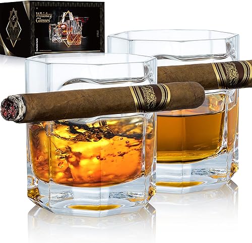 YouYah - Juego de 2 vasos de whisky de cigarros con soporte para puros, accesorios para puros, juego de vasos de whisky de cristal con reposo para