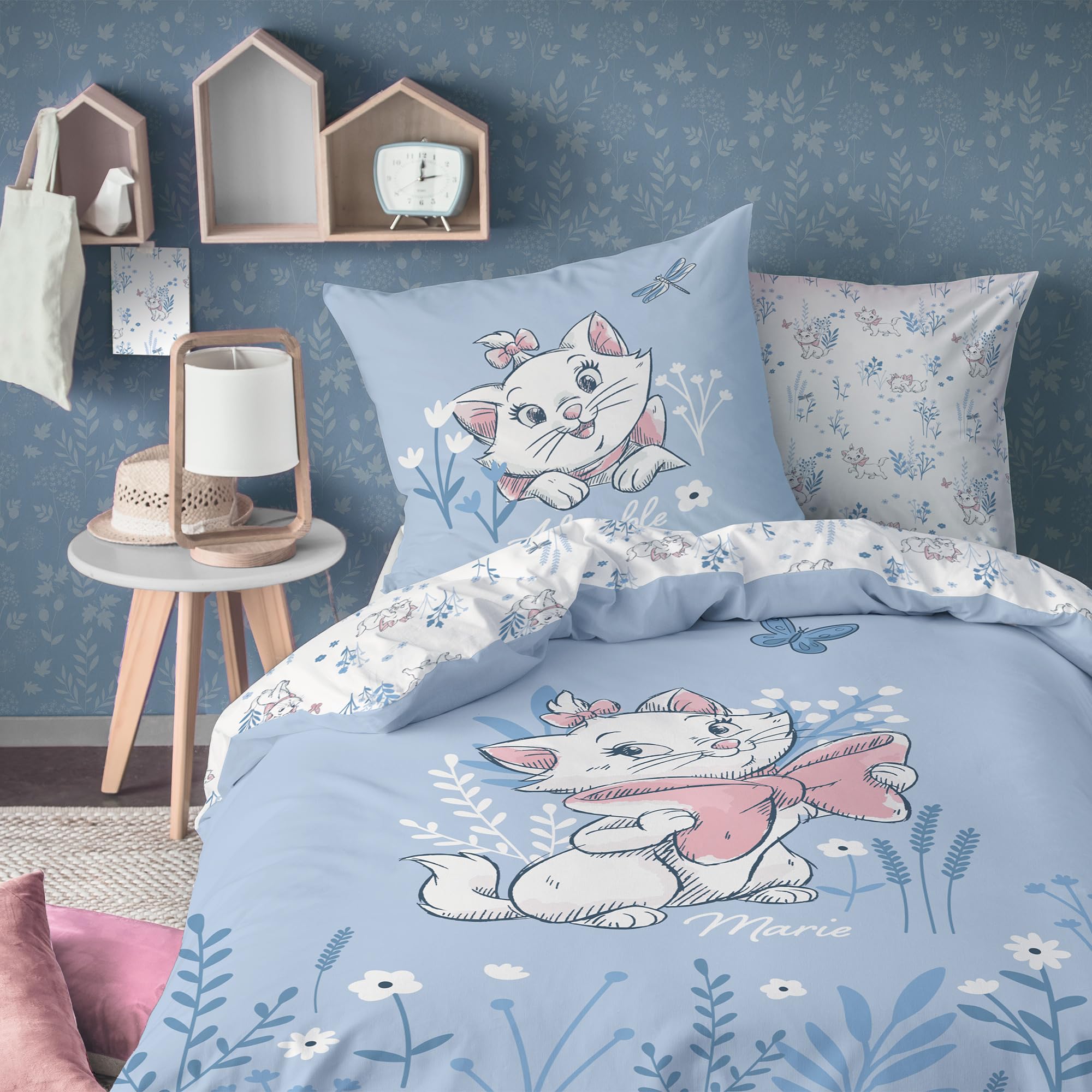 Disney Home Les ARISTOCHATS Spring - Juego de cama infantil (1 persona), 100% algodón, OEKO-TEX | Funda nórdica de 140 x 200 cm + funda de almohada de 63 x 63 cm, estampado reversible para niña, color