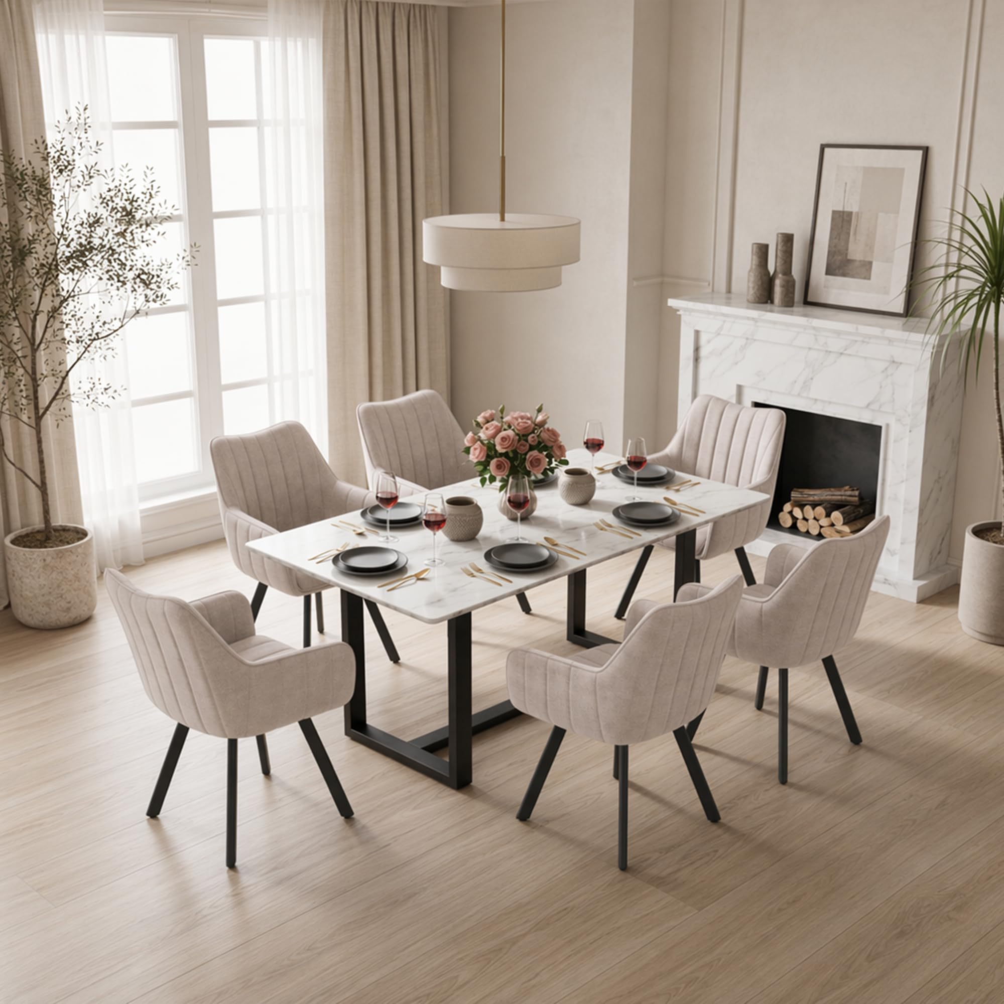 Set di 4 Sedie da Pranzo con Braccioli, Sedie da Cucina Imbottite in Lino, Gambe in Metallo Girevoli a 360°, Adatte a Sale da Pranzo, Cucine e Soggiorni, Beige