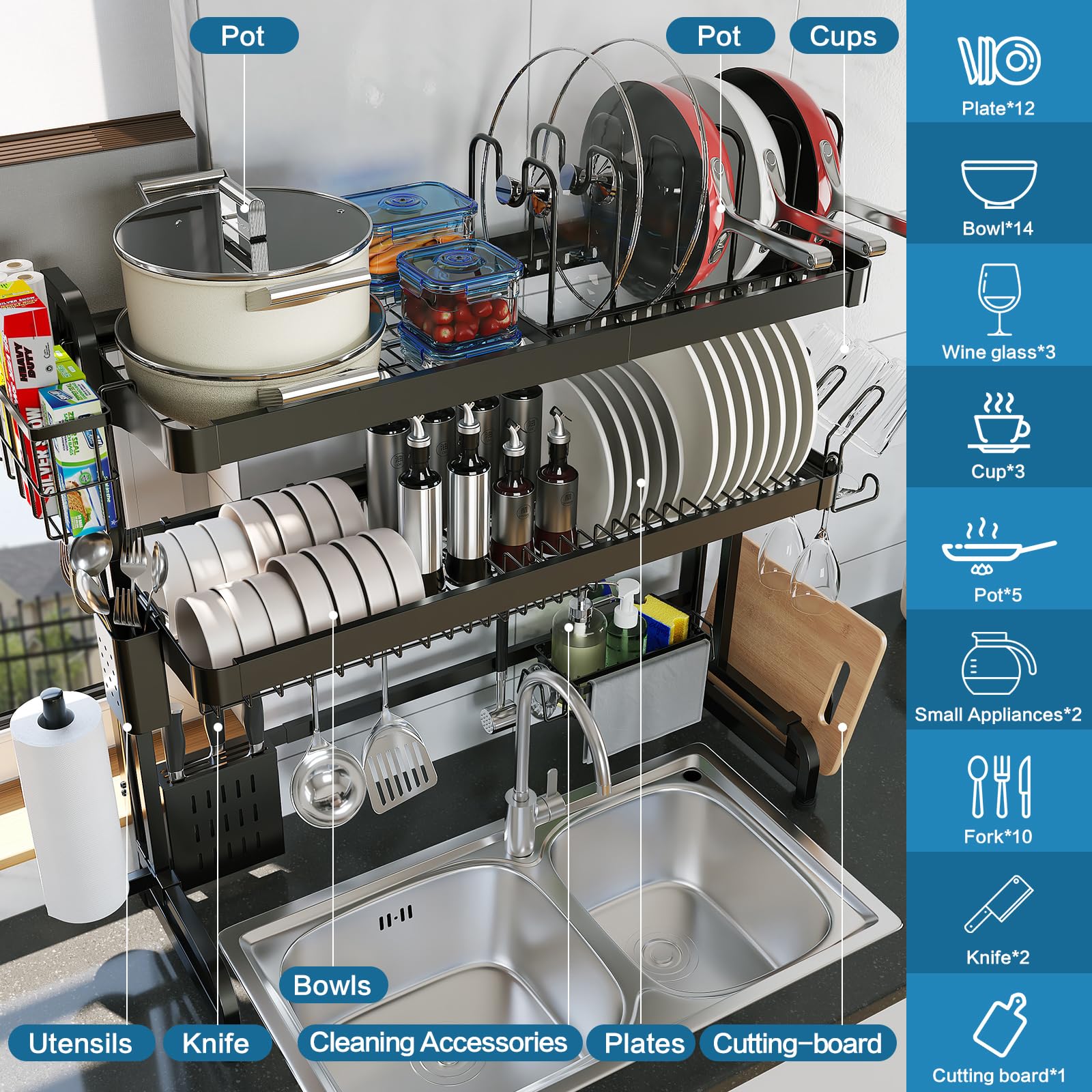 Scolapiatti,scolapiatti sopra Il lavello in Acciaio inoxa 3 Livelli,Lunghezza Regolabile(20,87''~37,6'')– Cucina Multifunzionale per bancone Nero
