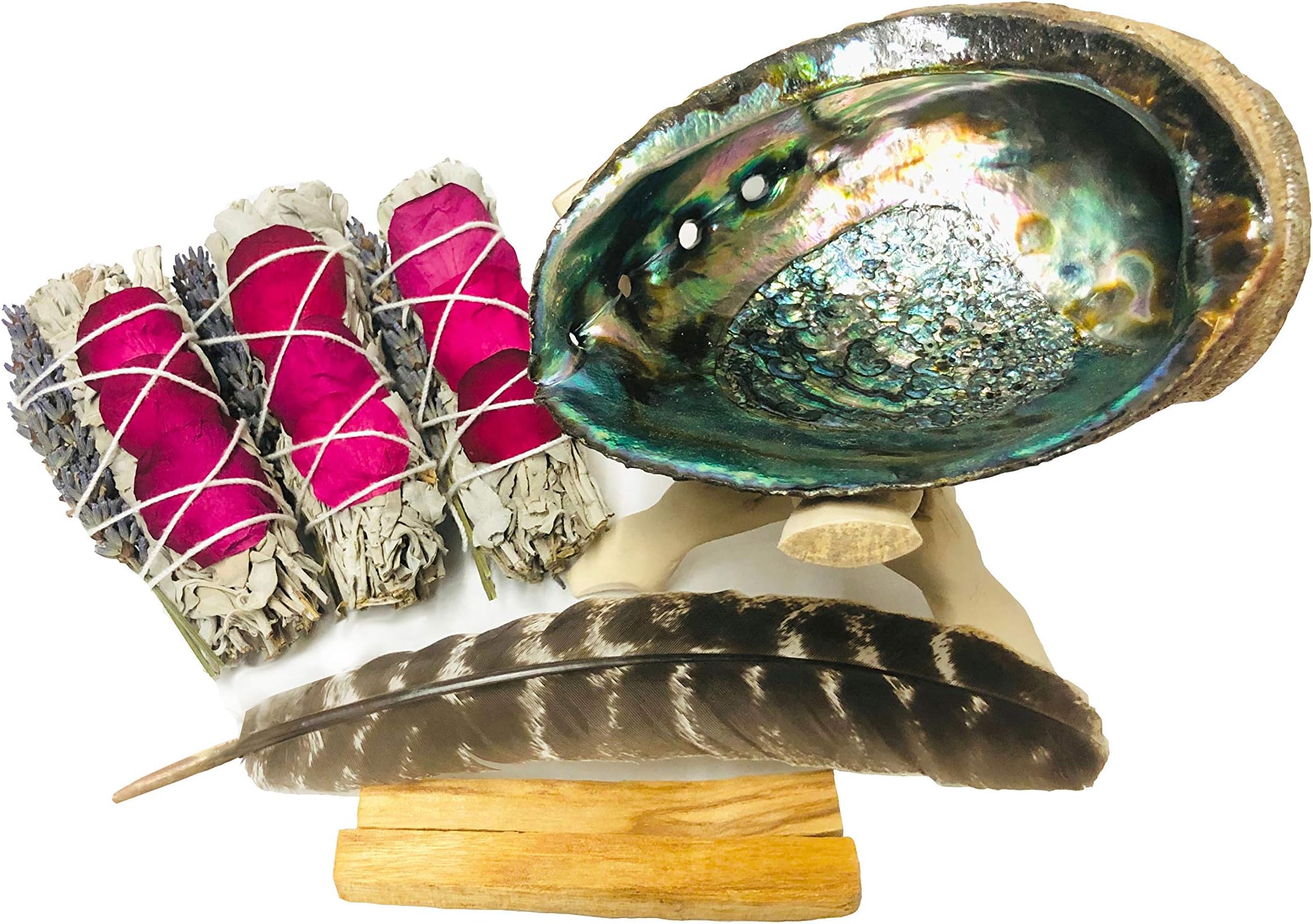 Tomoko White Sage Smudge Kit - 3 White Sage with Rose and Lavender, 2 Palo Santo, Abalone Shell, Wooden Tripod Stand & Feather! Healing, Purifying, Meditating, Incense & Cleansing