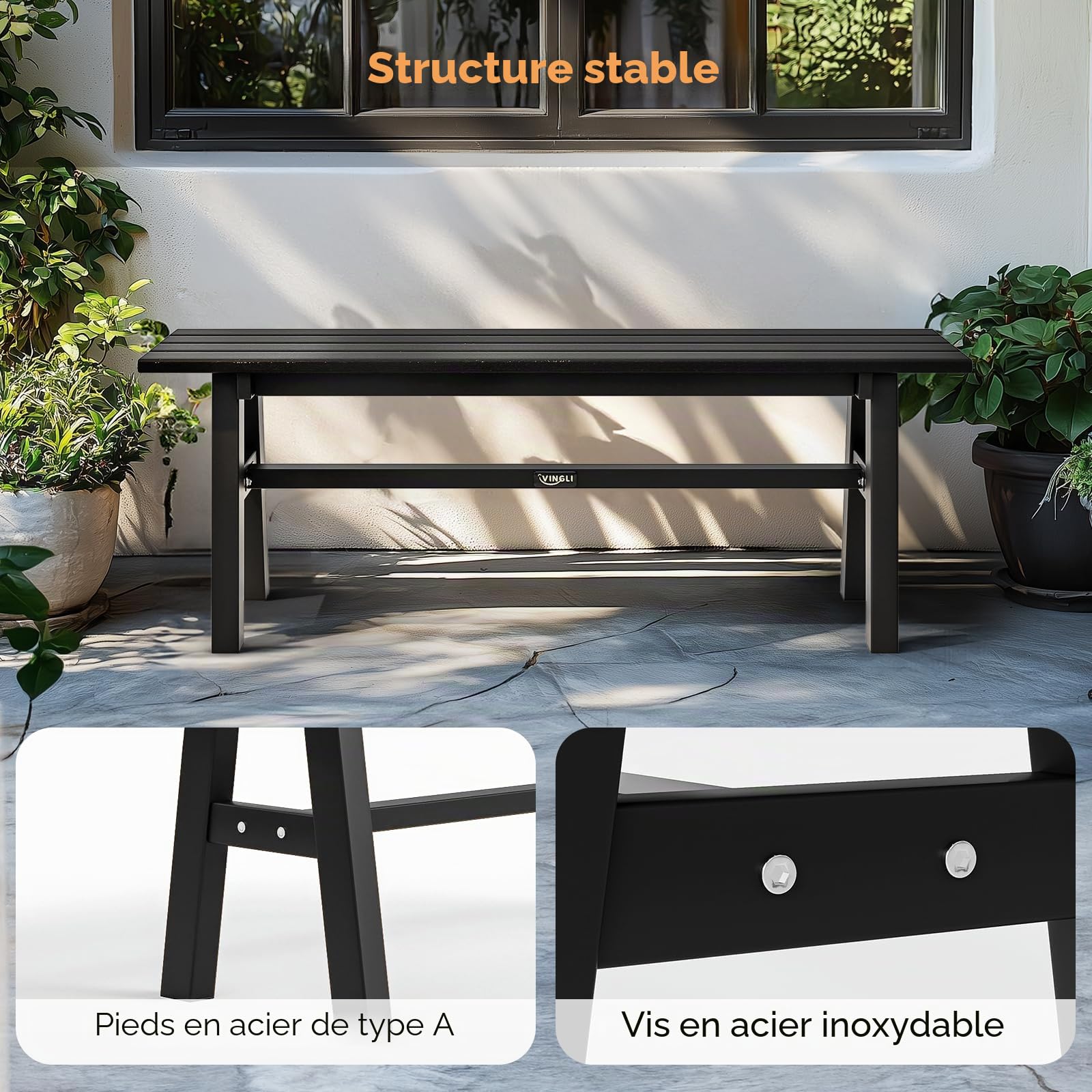 Bonnlo Banc de Jardin en Acier et HDPE, Banc Extérieur sans Dossier, Banquette de Jardin en Métal pour Patio, Terrasse, Balcon, Jardin, 118 x 36 x 42 cm (Noir)