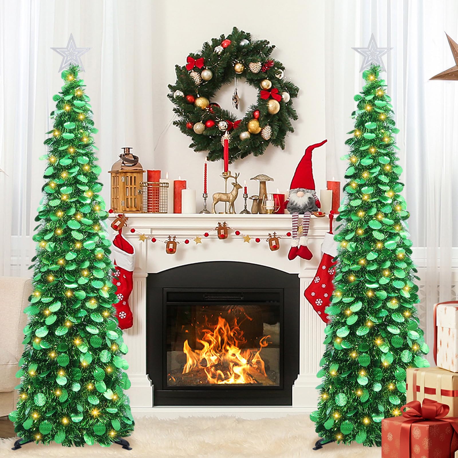 HMASYO Sapin de Noël pop-up de 1,5 m avec lumières minuterie, sapin de Noël artificiel pliable pour intérieur, maison, appartement, porche, décorations de fête de vacances (vert)