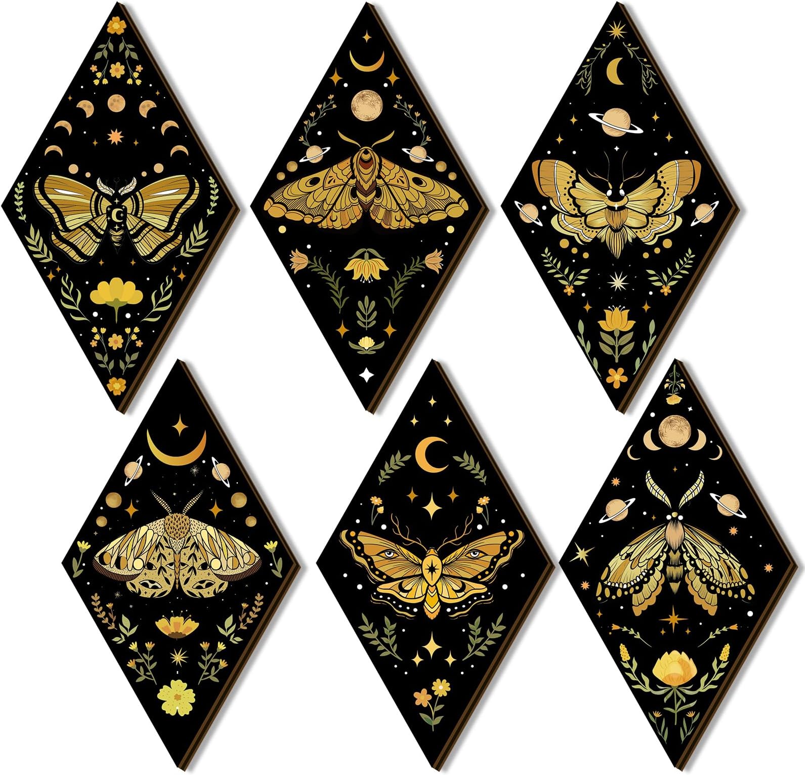 Sintuff6 Pieces Boho Wall Decor Sun Moon Phases Wall Art Gothic Minimalist Stars Sun Wall Hanging Boho Wooden Home Decor Farmhouse Wall Pediments for Gallery Living Bedroom Room (Moth)