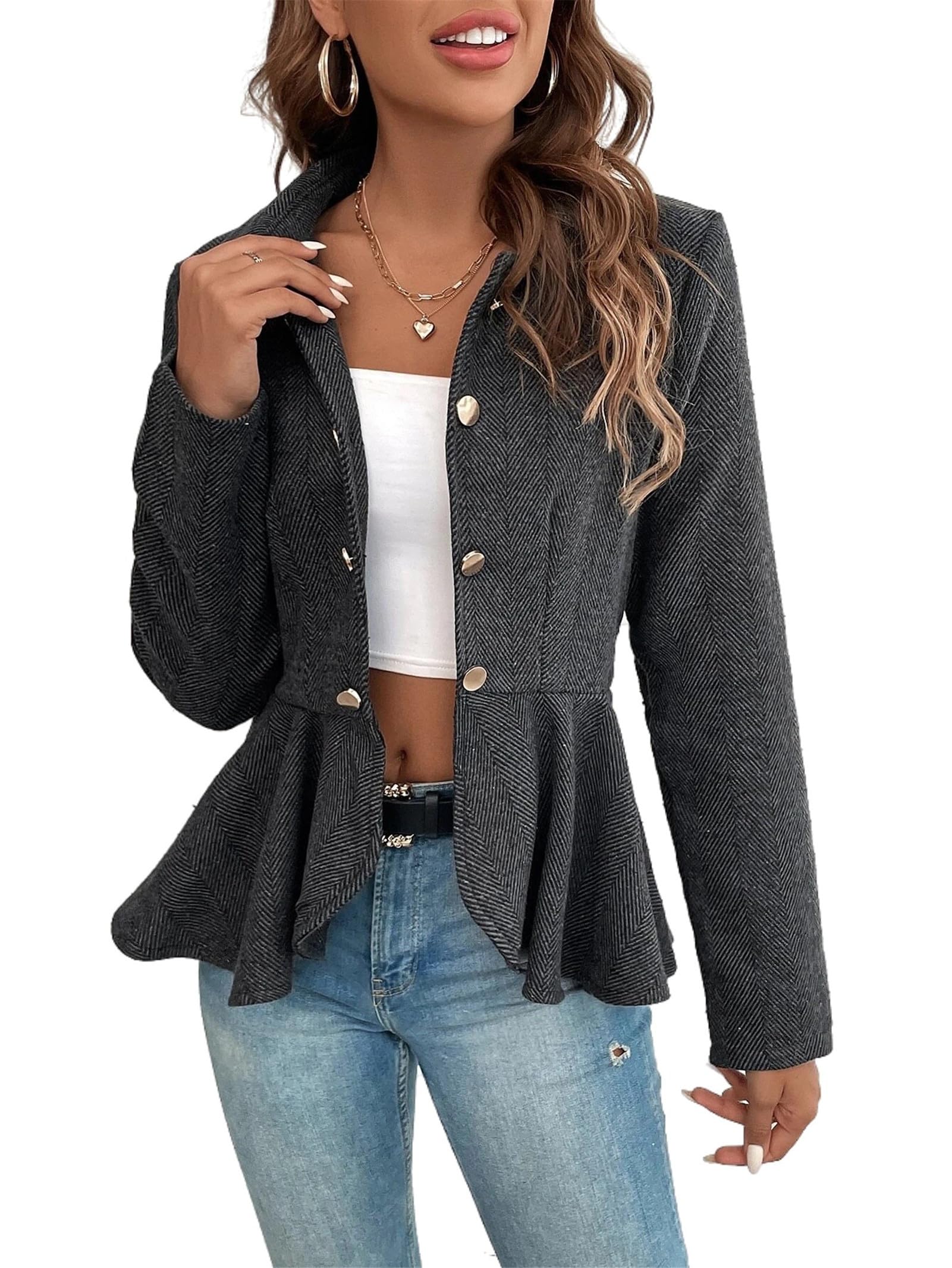 Womens Ruffled Blazer Suit Dressy Slim Peplum Hem Business Jacket Coat Lapel Button Down Office Outfits