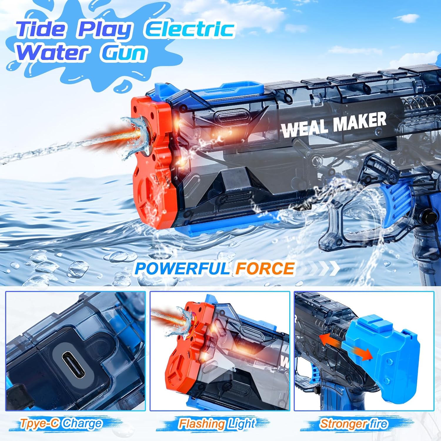 Electric Water Gun with LED Flash & USB-C Charging, Designed for Epic Aquatic Fun, Automatic Squirt Guns 25-30 FT Range, Realistic Water Pistol for Summer Outdoor Backyard Water Theme Party Toys