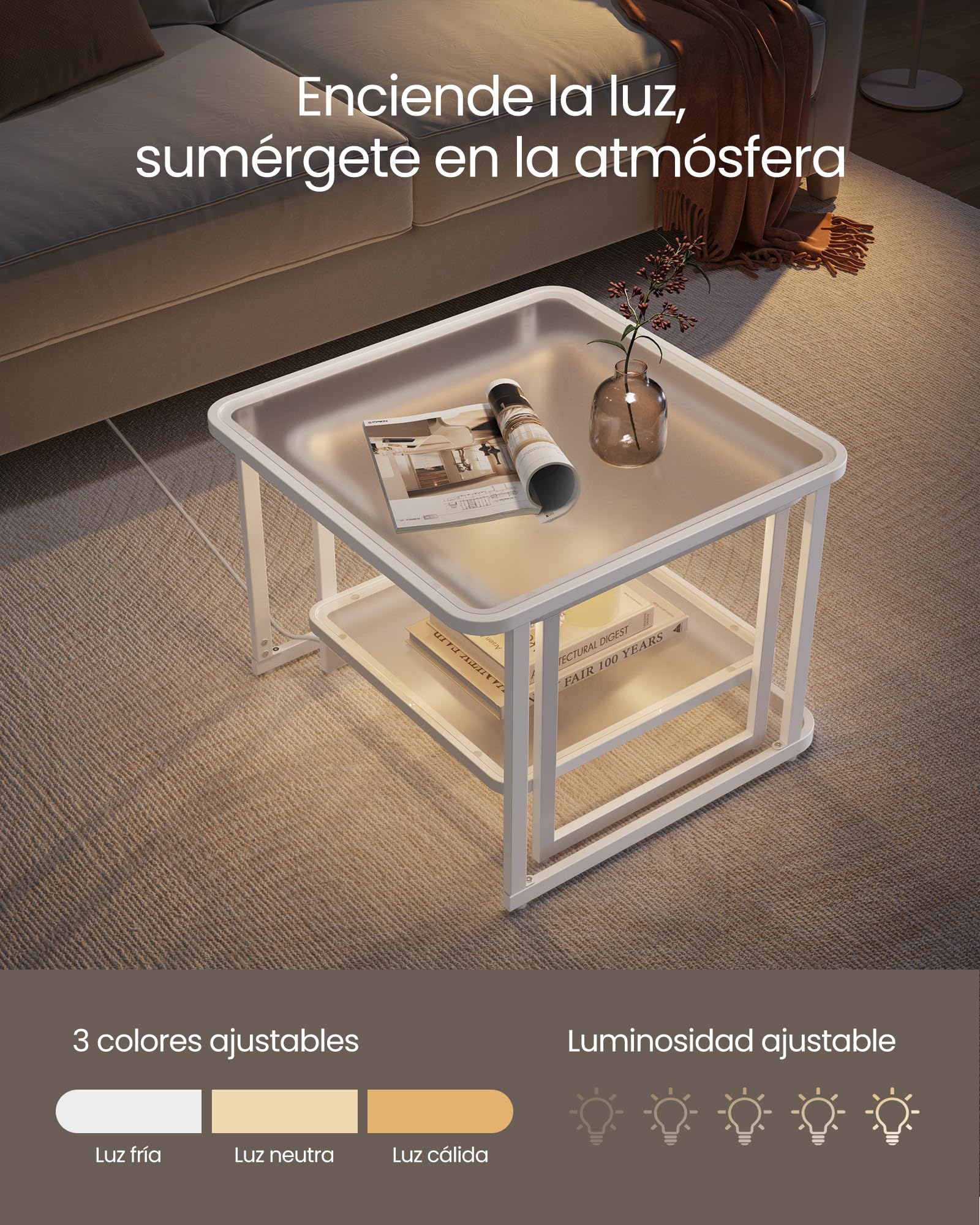 VASAGLE Mesas de Centro, Juego de 2 Mesas de Café con Luces LED, Mesas Auxiliares Cuadradas Modernas Encajables, Cristal Templado, para Salón, Dormitorio, Blanco Nube y Blanco Perla LCT246W01