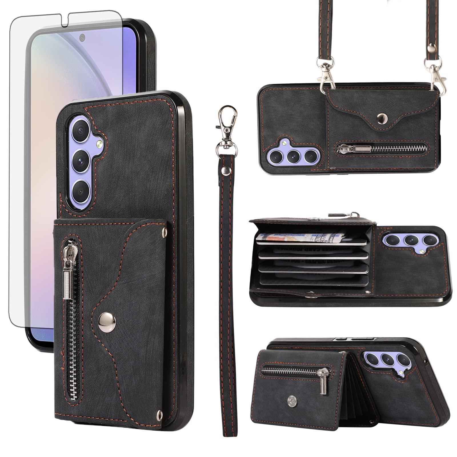 Phone Case for Samsung Galaxy A15 5G Wallet Cover and Tempered Glass Screen Protector with Wrist Crossbody Strap Lanyard Credit Card Holder Stand