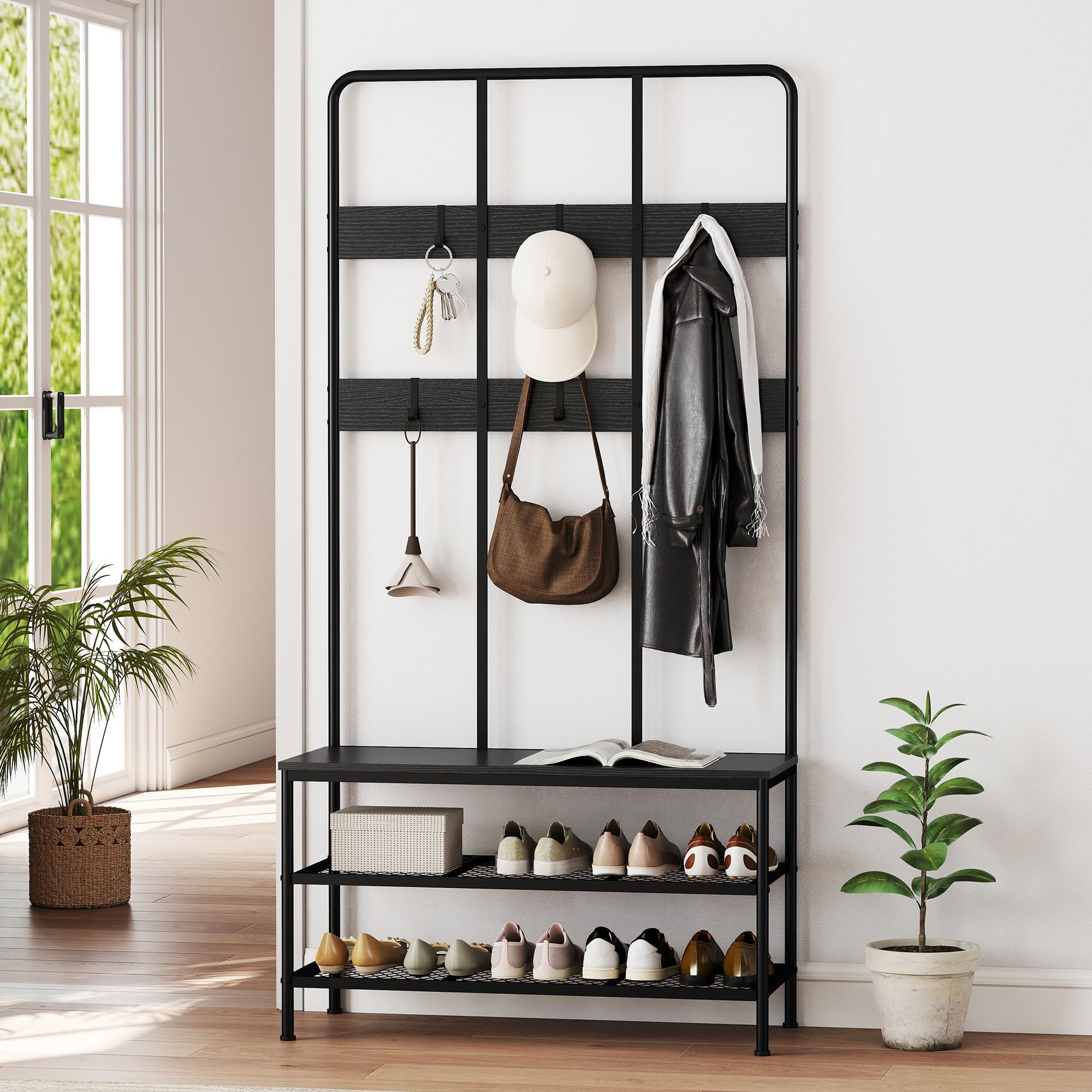 HOMCOM Appendiabiti da Ingresso 3 in 1 con Scarpiera 91x36x180 cm Nero | Attaccapanni Stile Industriale con Panca, 6 Ganci, 2 Ripiani Porta Scarpe