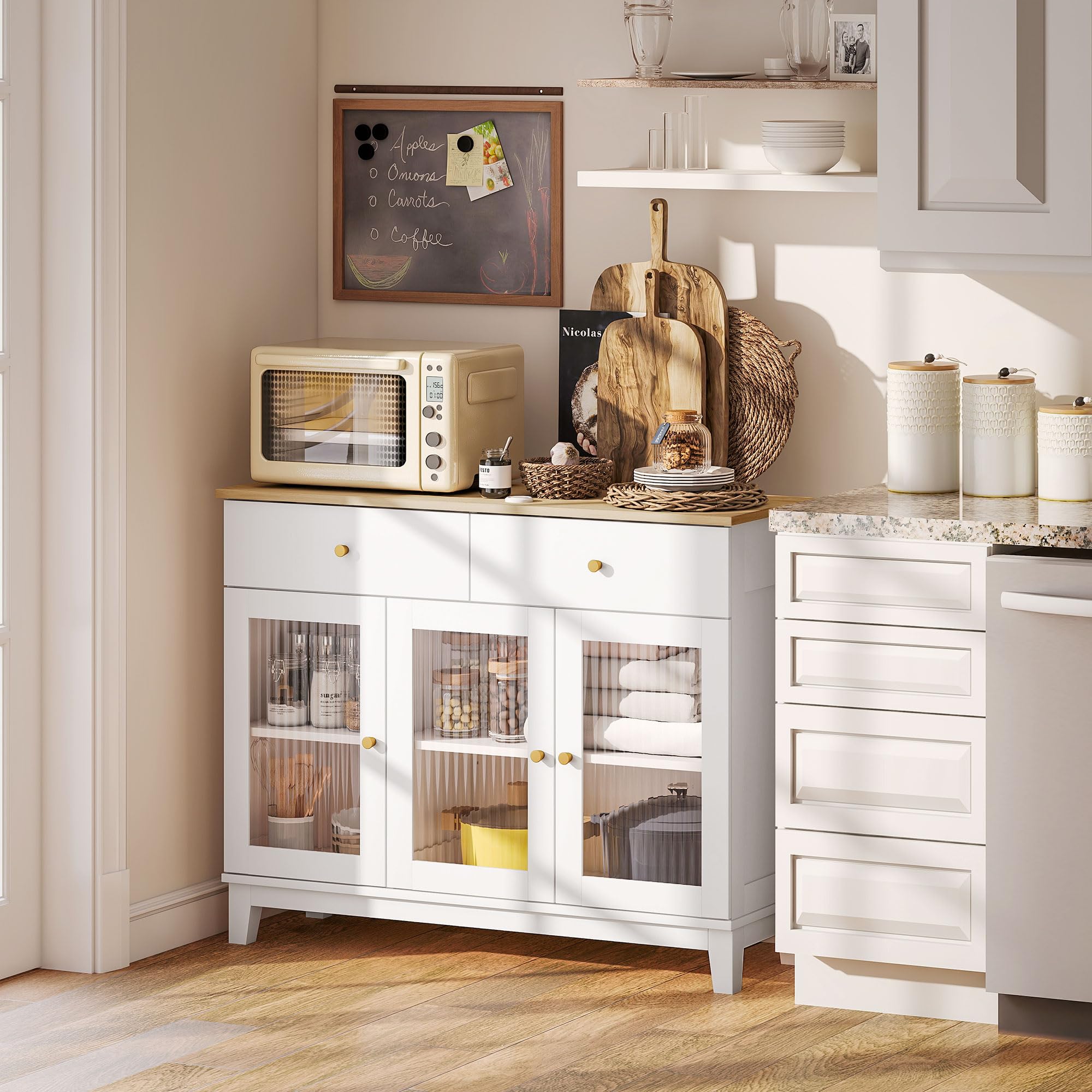 HOMCOM Aparador 3 Puertas Vidrio Estriado 2 Cajones 100x35x80,3 cm Blanco | Aparador para Salón Moderno, Estantes Ajustables, Comedor, Entrada